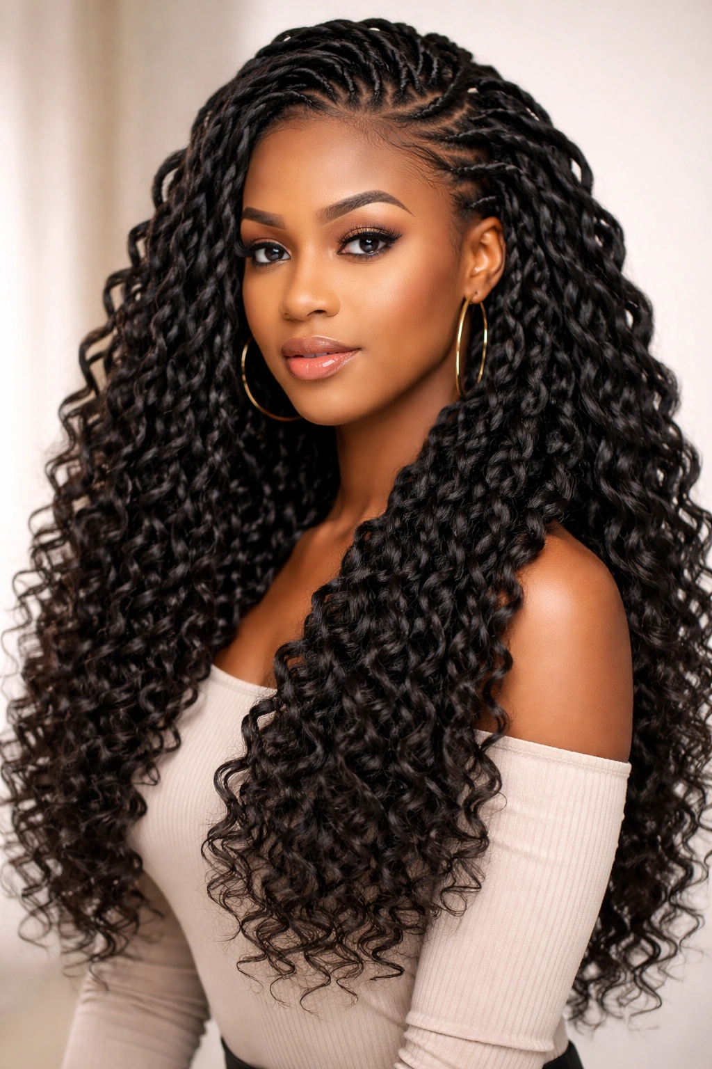 Full head Crochet Braids with voluminous looping extensions.