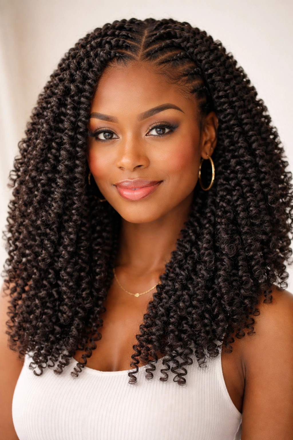 Close-up of crochet braids with cornrow base and full texture