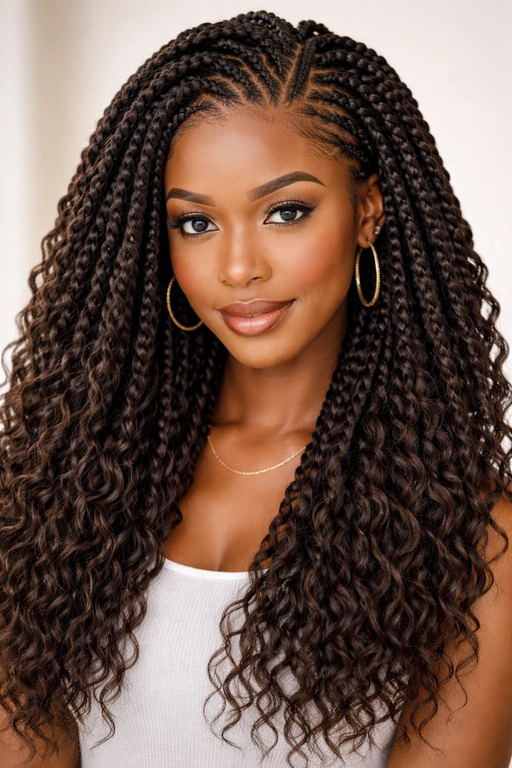 Close-up of crochet braids attached to a cornrow base in a neat protective style under studio lighting