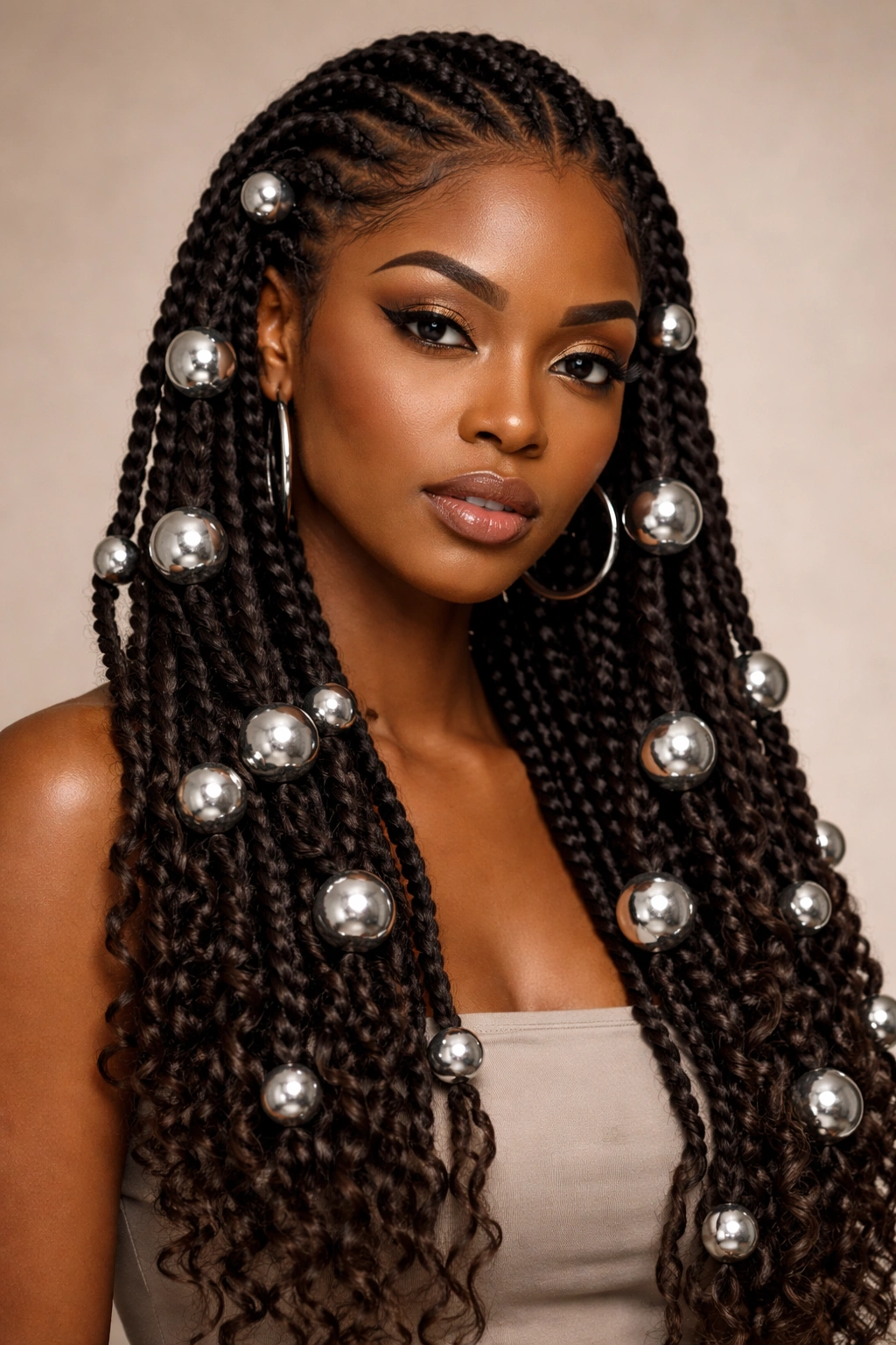 Crochet braids with large silver beads for a bold protective style