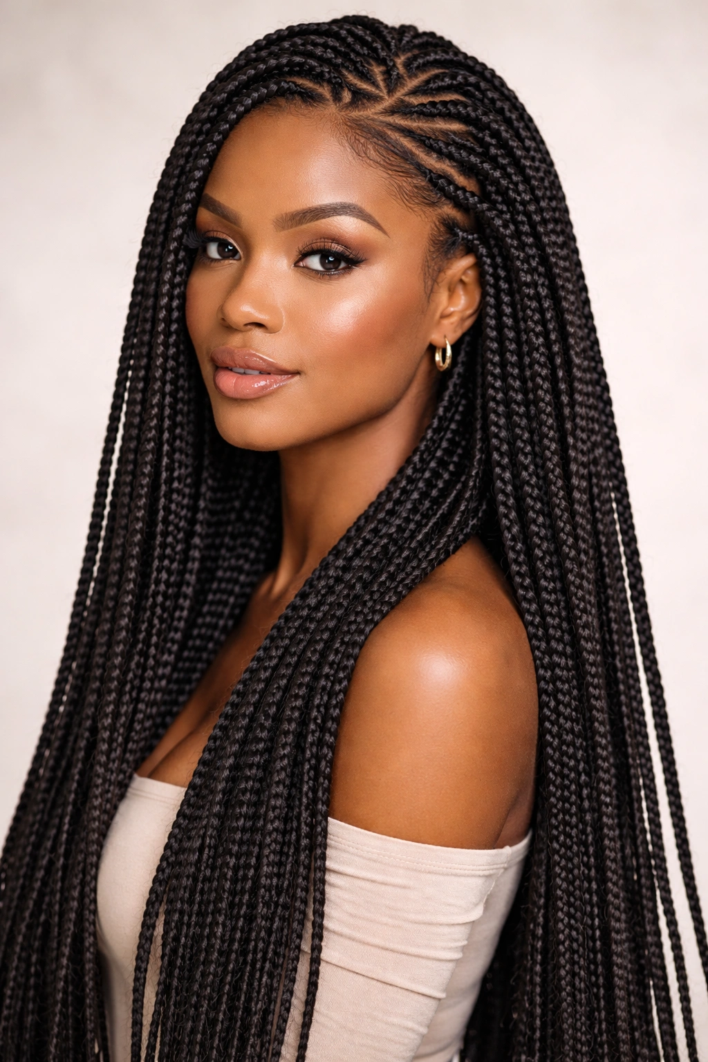 Head with crocheted braids attached to cornrows, long synthetic extensions over natural hair