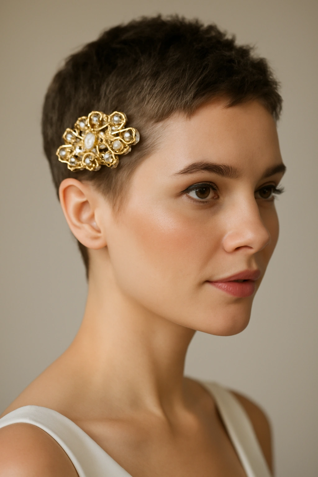 15 Wedding Hairstyles That Suit Short-Haired Brides 15 Very short crop with a bold statement barrette as focal point.