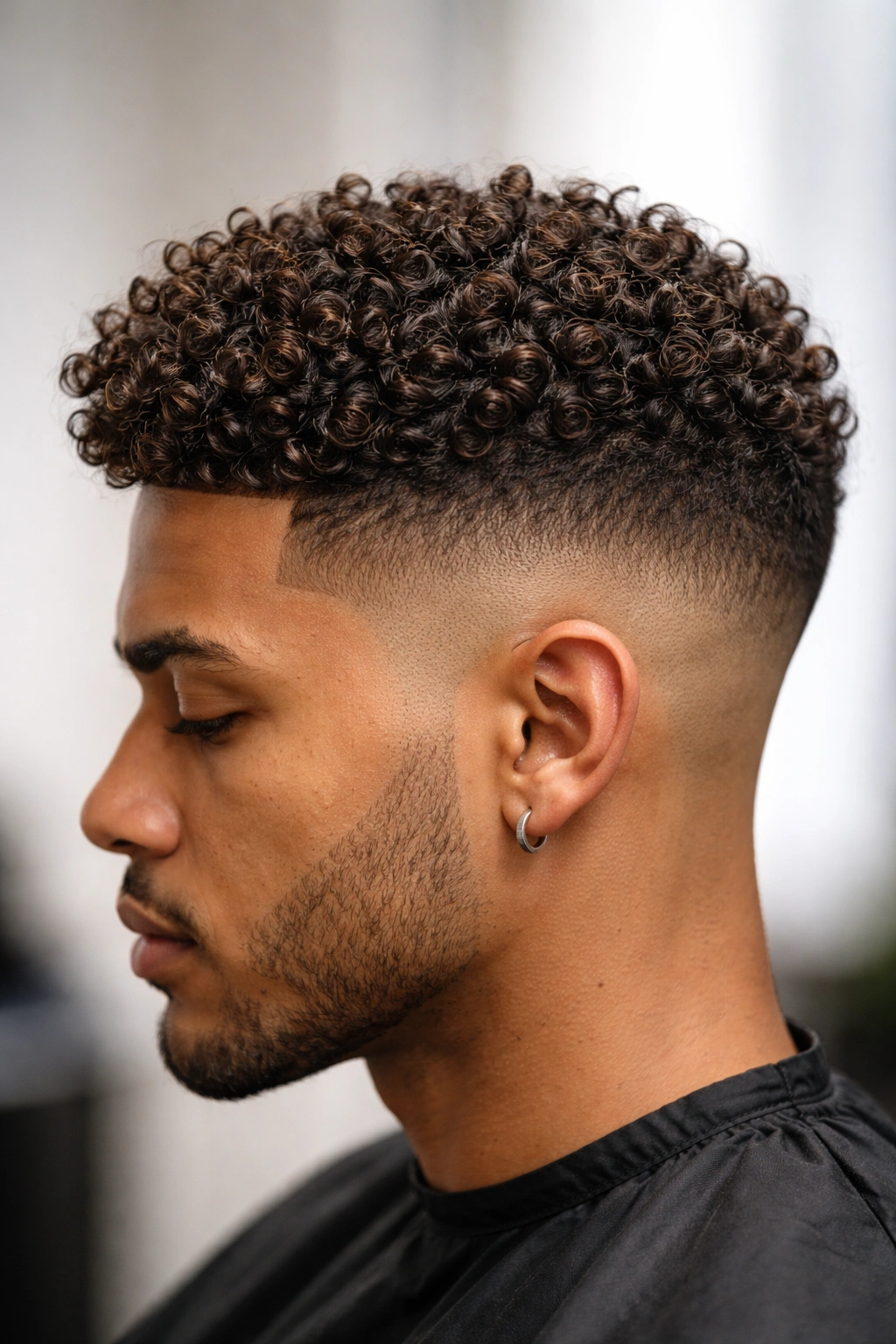 Close-up of a cropped curly hairstyle with a fade on the sides