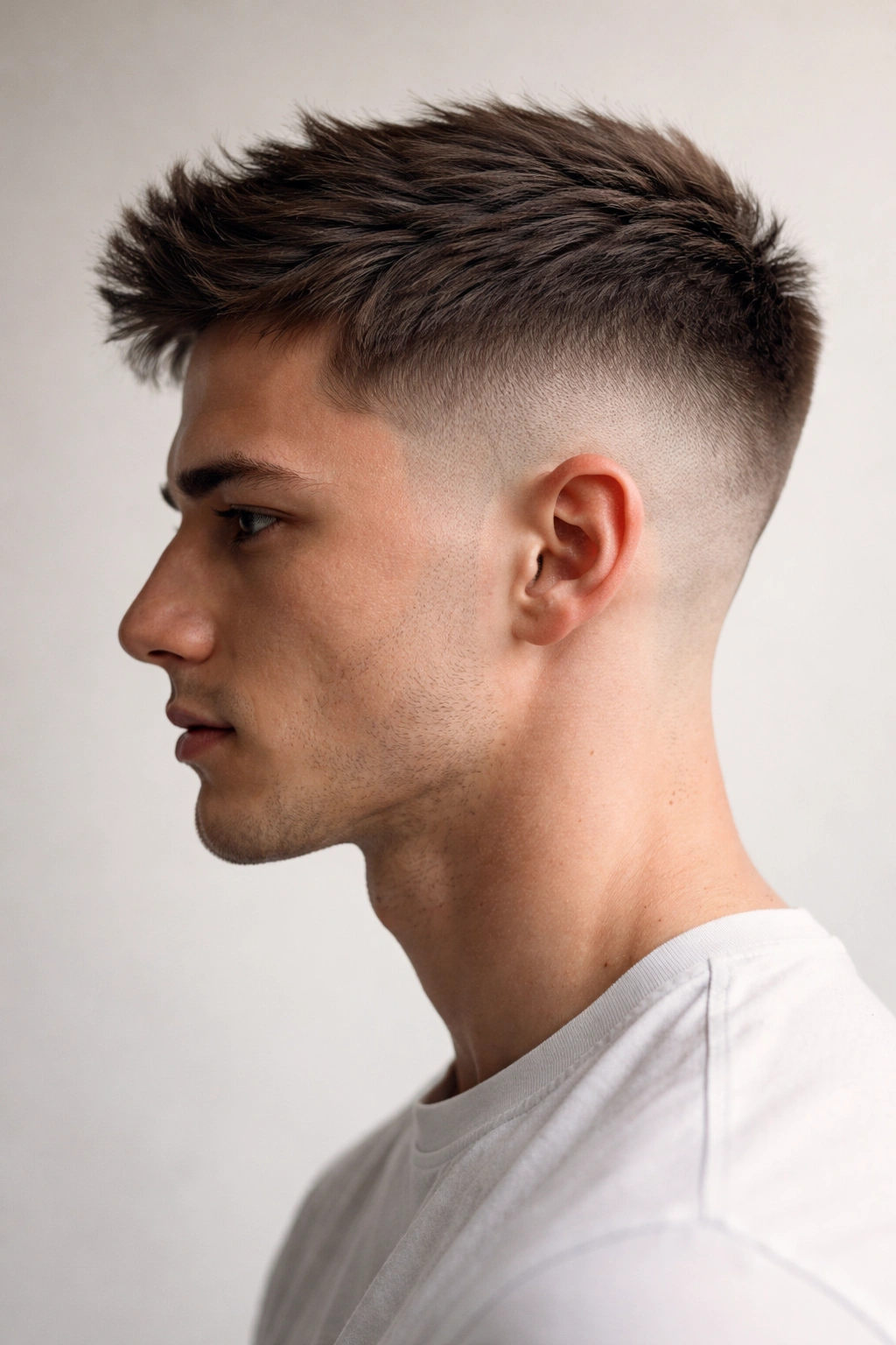 12 Short Haircuts That Work Around Cowlicks 3 Profile of a crop with faded sides showing a 1-2 inch fade and longer top.