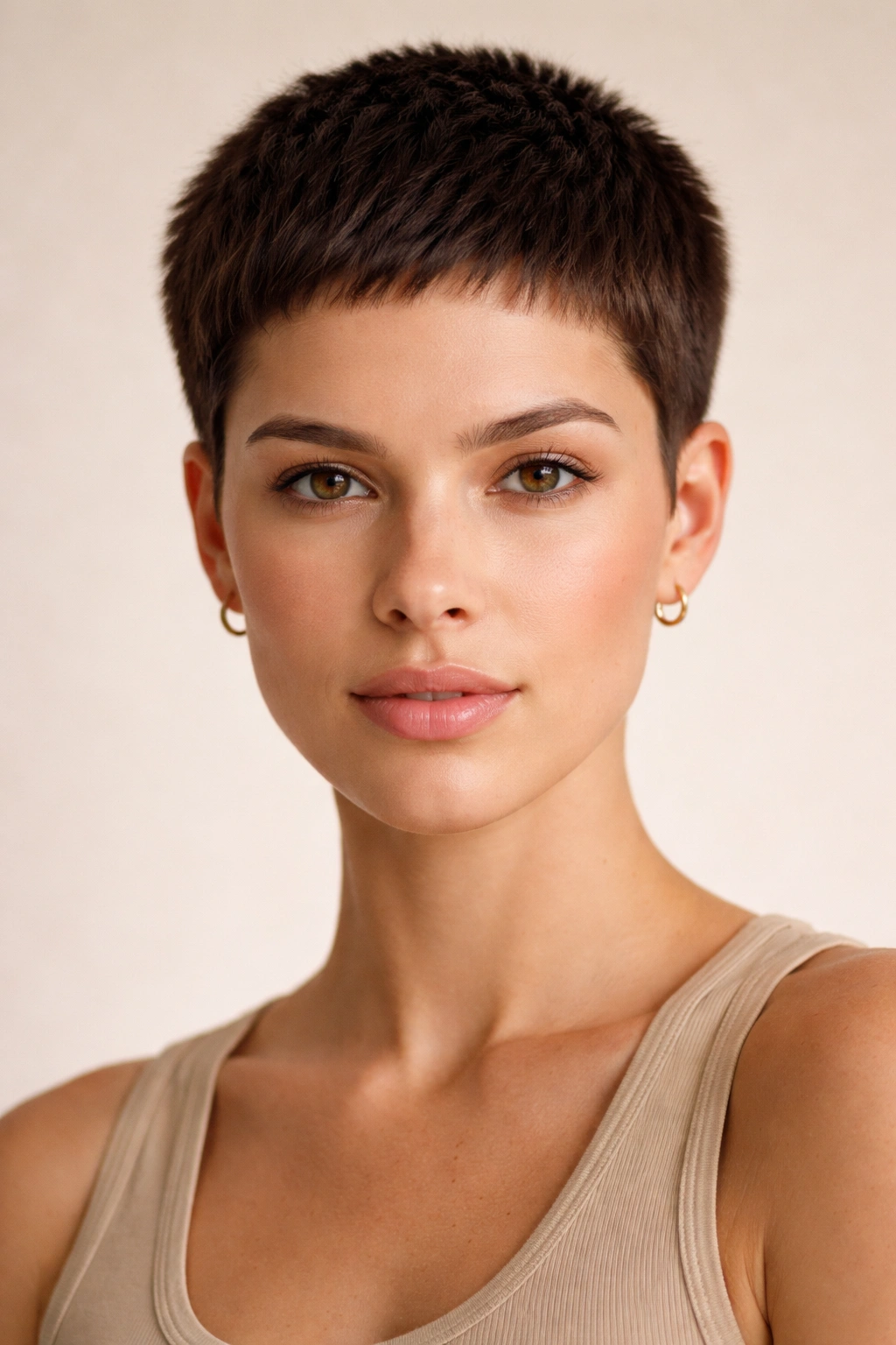 Frontal portrait of a uniform crop haircut with even length all around