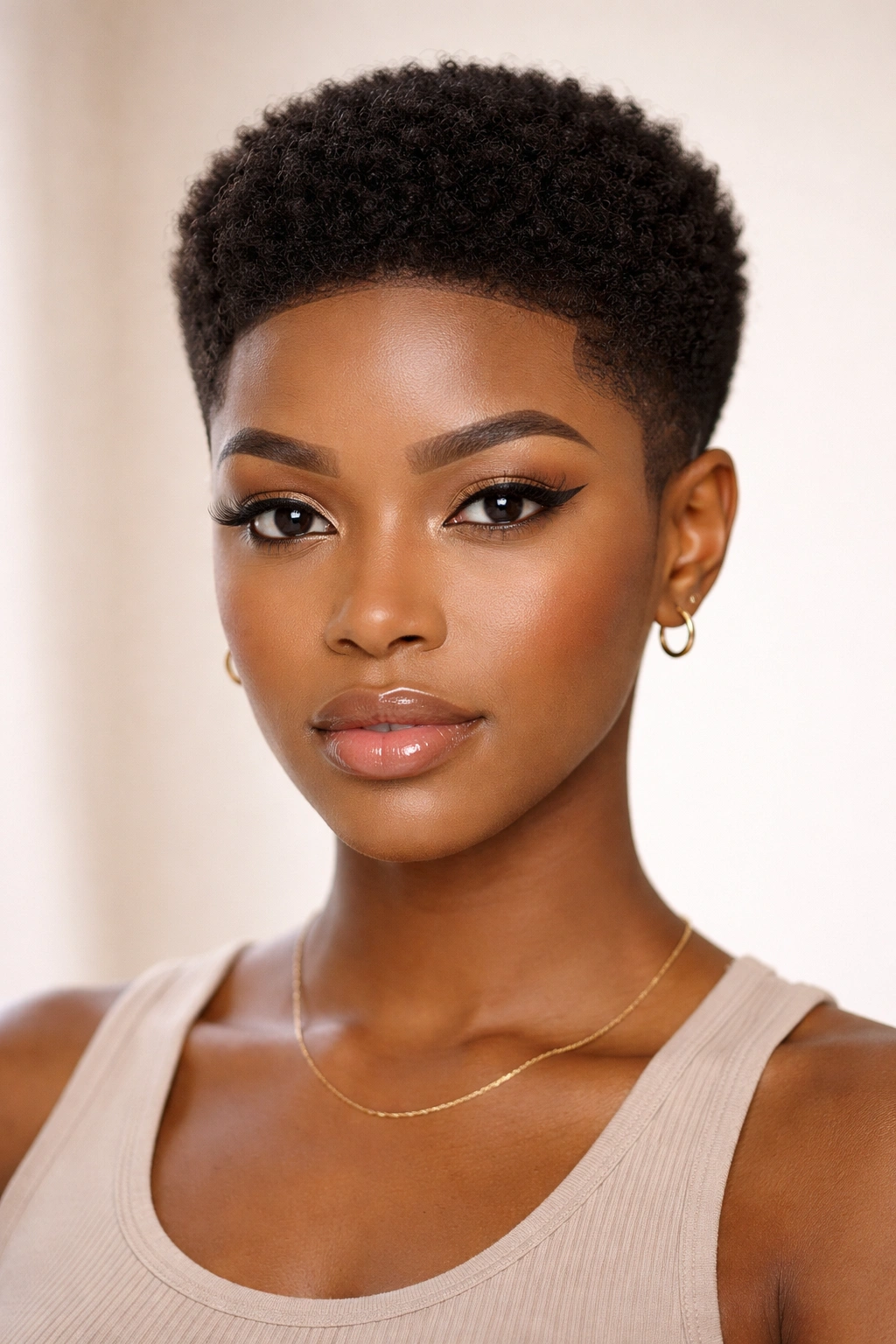 Front view of a cropped afro with a crisp shape-up along the hairline