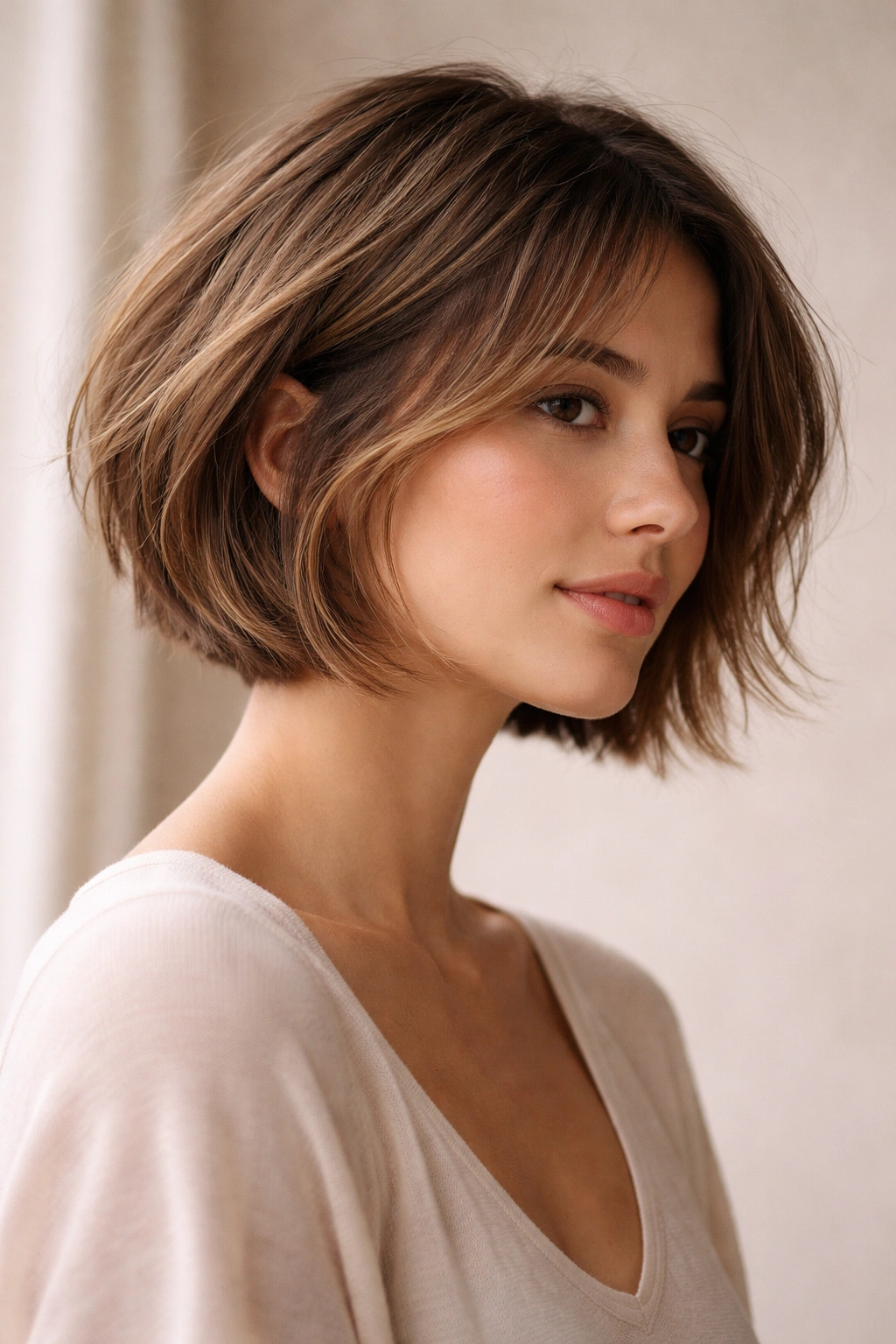 Cropped bob portrait showing movement and volume.
