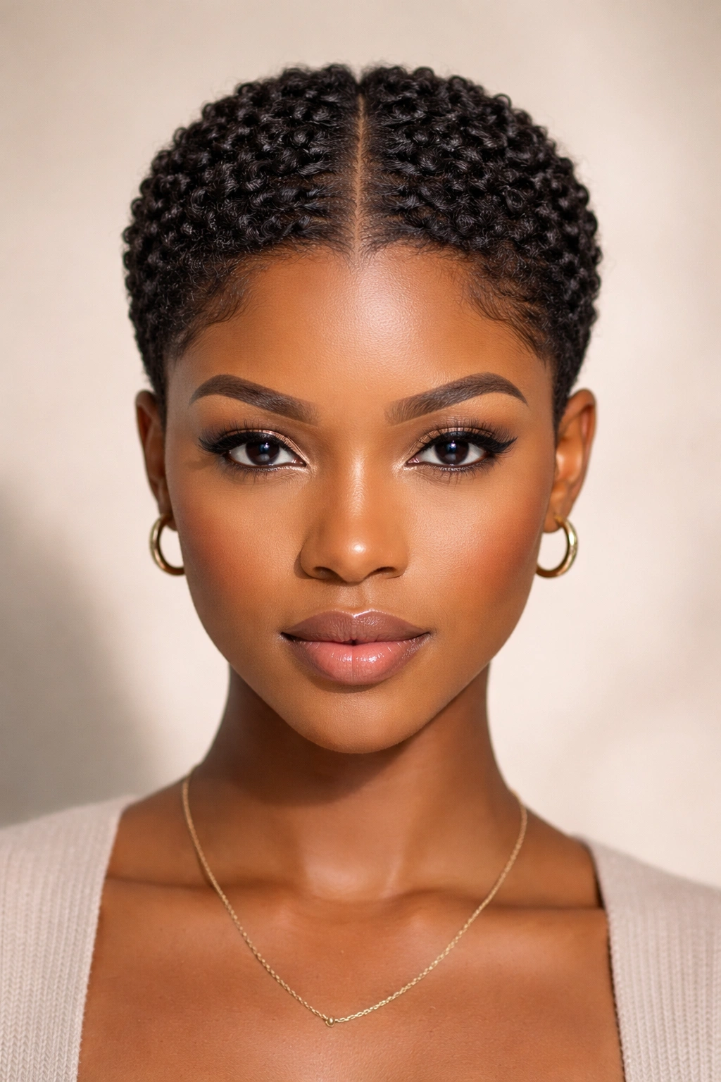Cropped coils with defined center line and scalp texture in studio portrait