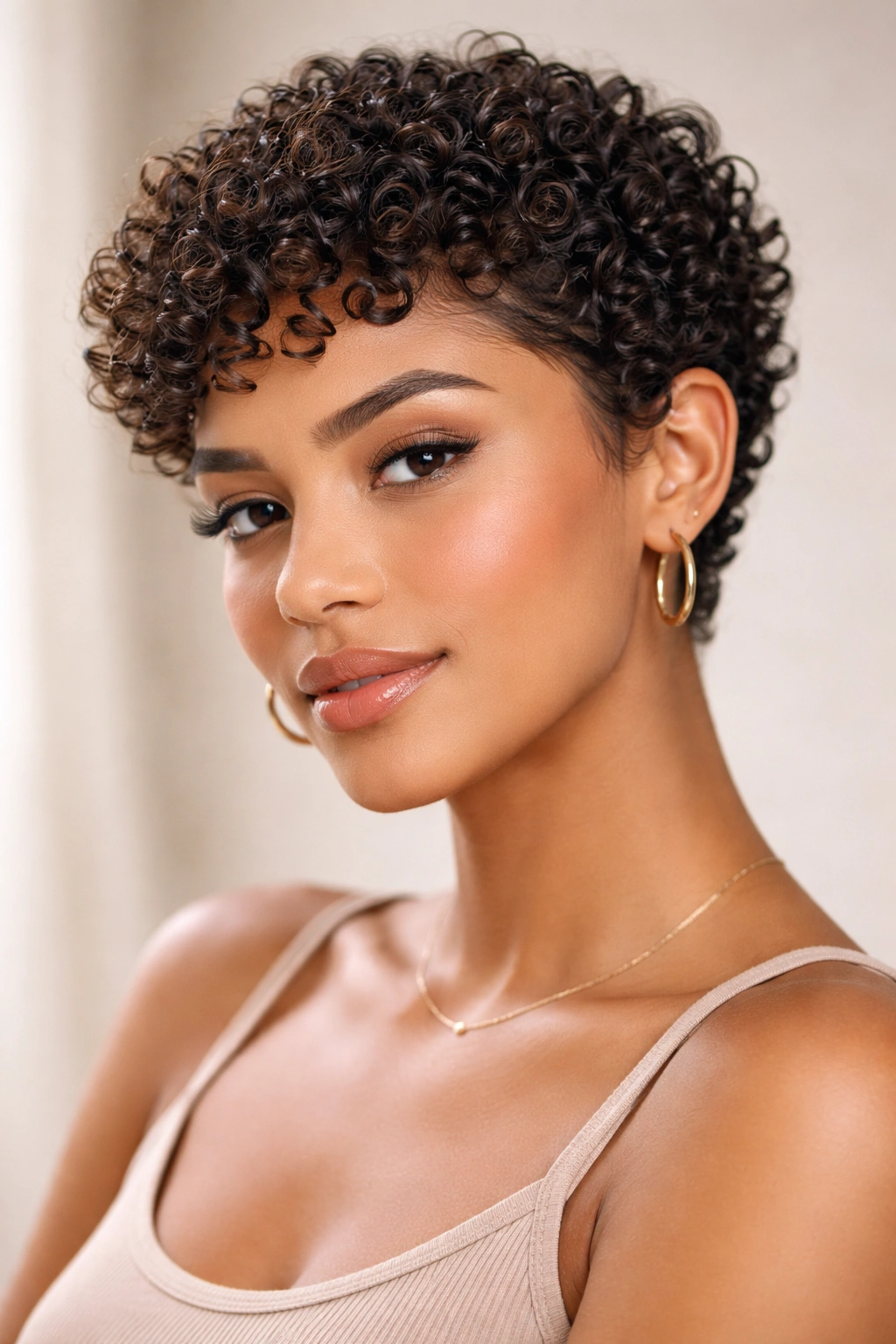 Latina woman with uniform cropped curls 2-4 inches