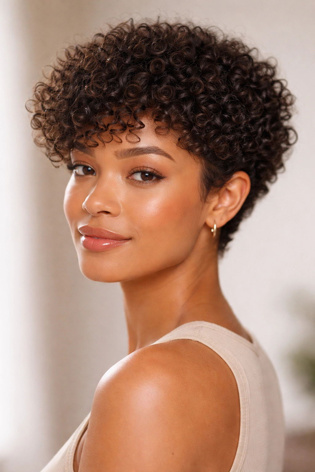 Close-up of a cropped curl cut with defined short curls.