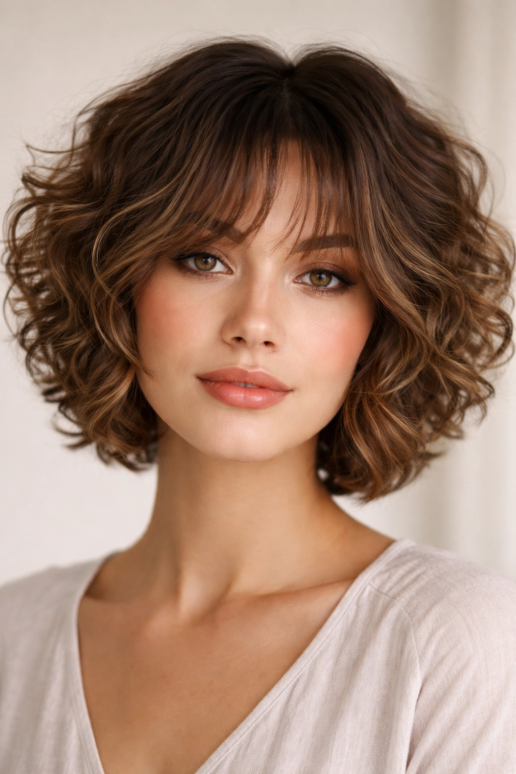 Close-up of cropped curls with face-framing bangs