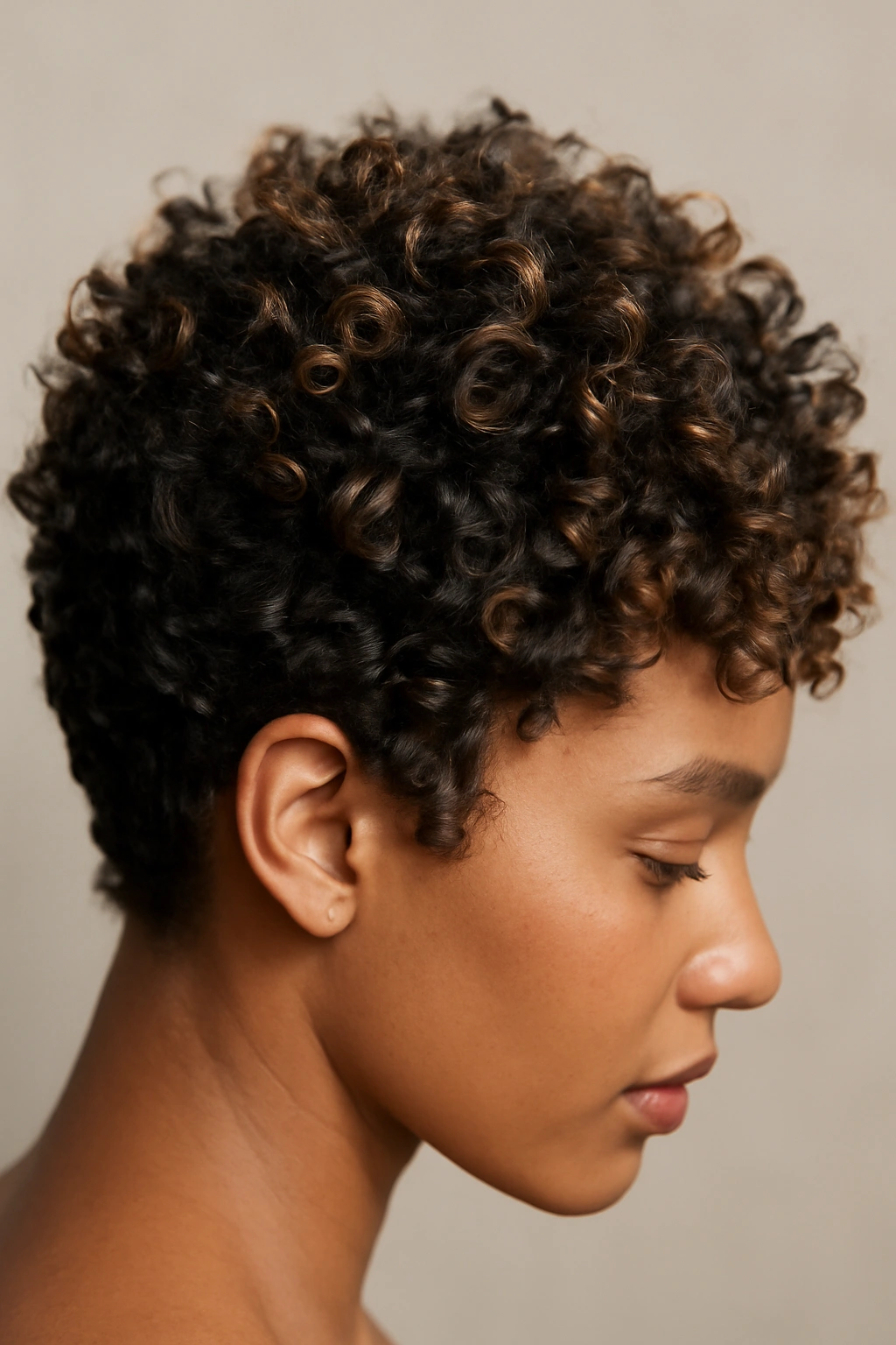 15 Short Haircut and Color Combos Worth Trying Together 13 Close-up of cropped curls with caramel highlights showing texture and dimension