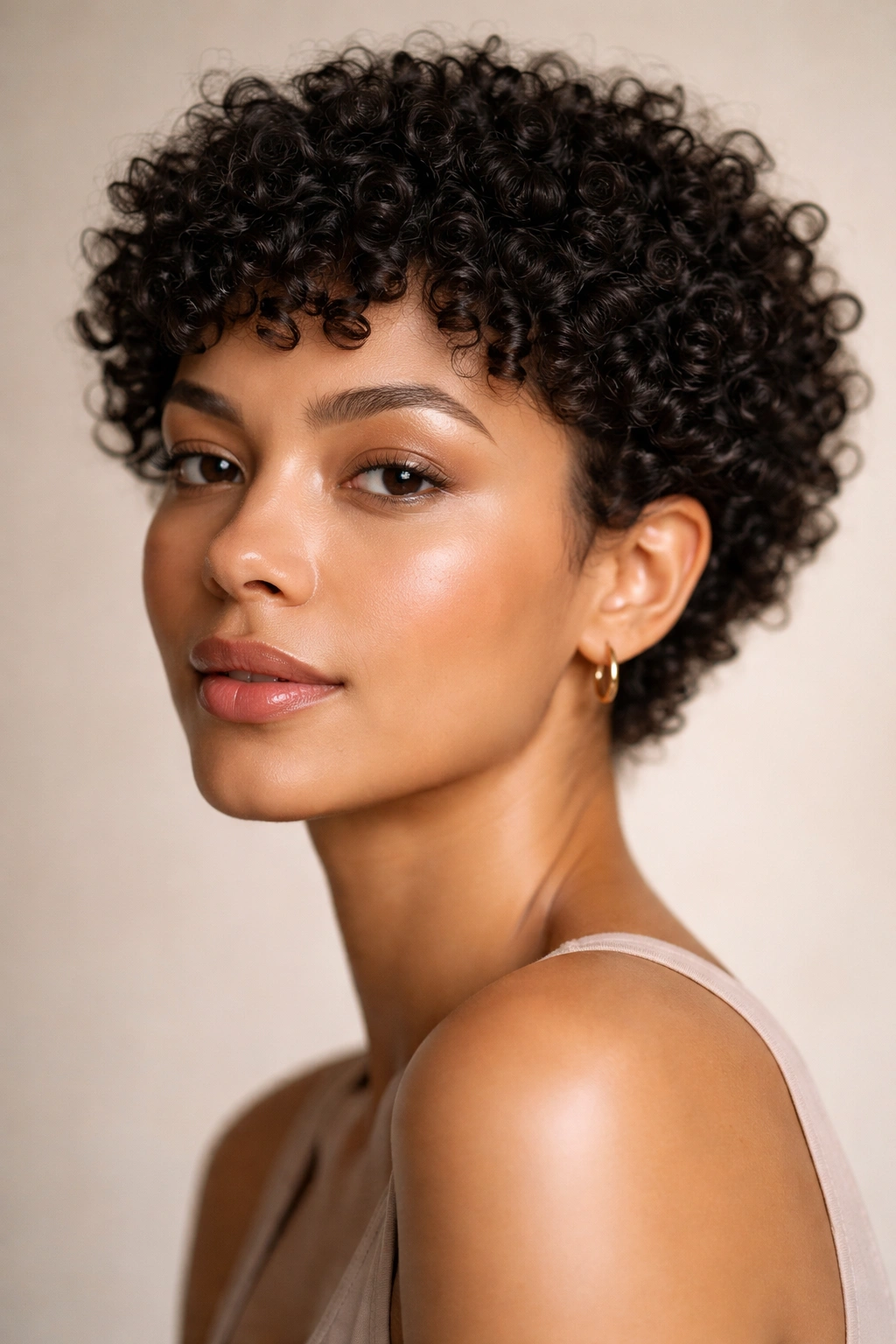 15 Short Haircuts That Balance Out A Longer Face 14 Close-up of a person with 1-2 inch cropped curls creating a halo of texture