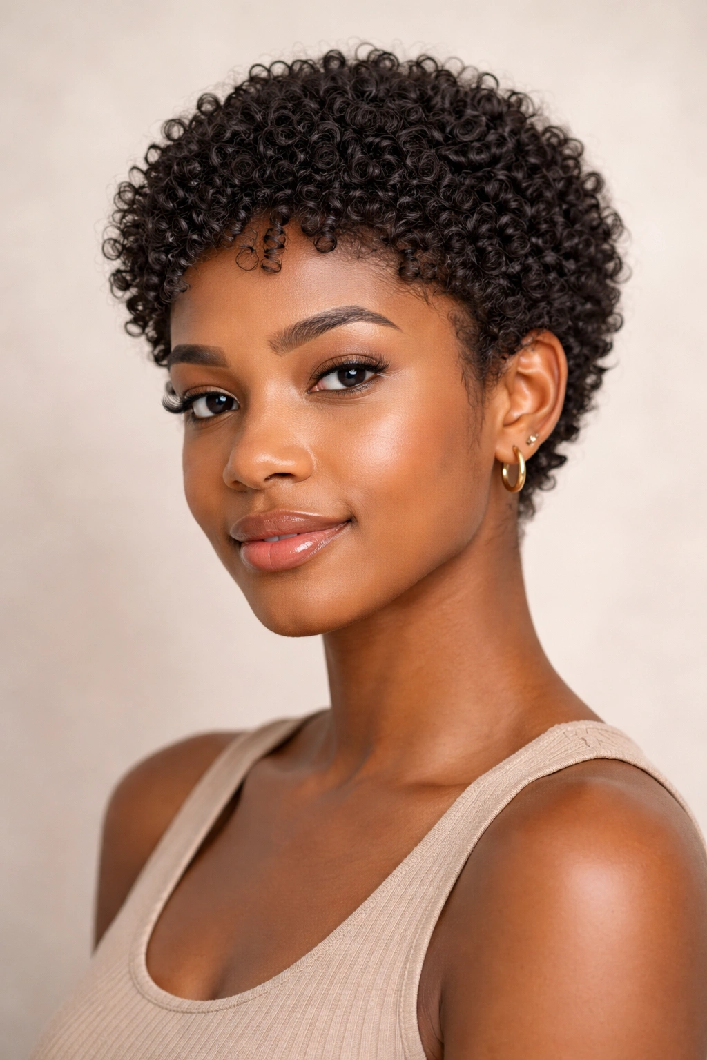 Cropped curly cut hairstyle showing uniform length all around