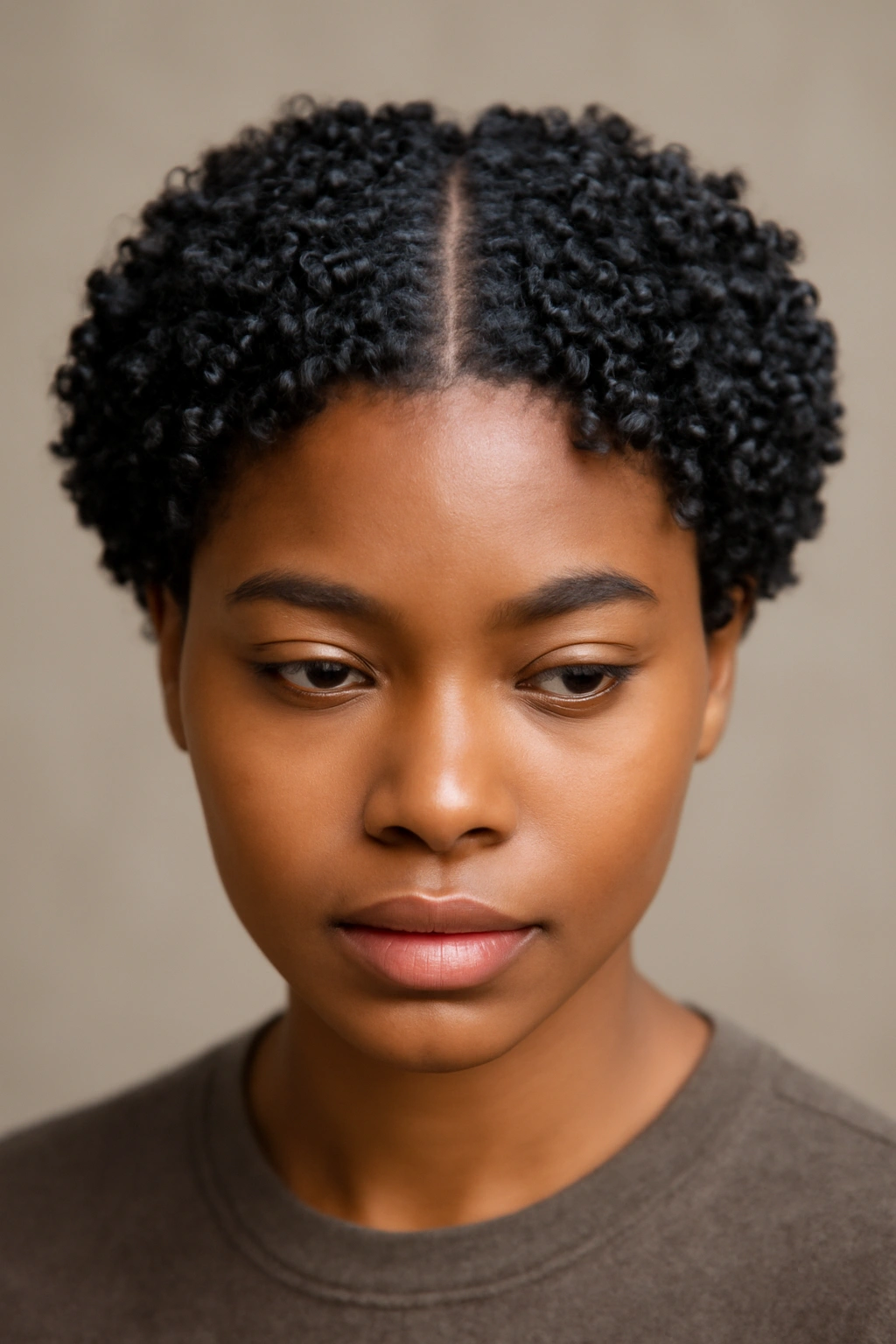 10 Middle Part Short Hairstyles for Black Women 8 Cropped curls with a defined center part showing tight, uniform texture