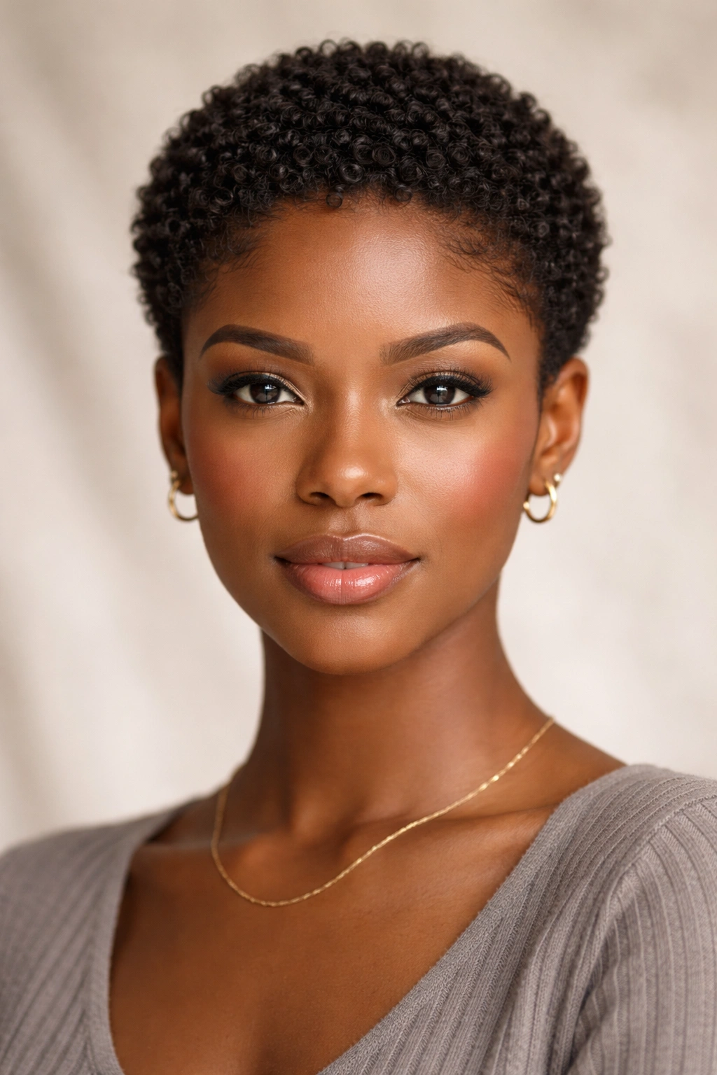 Close-up of uniform cropped curls showing natural texture.