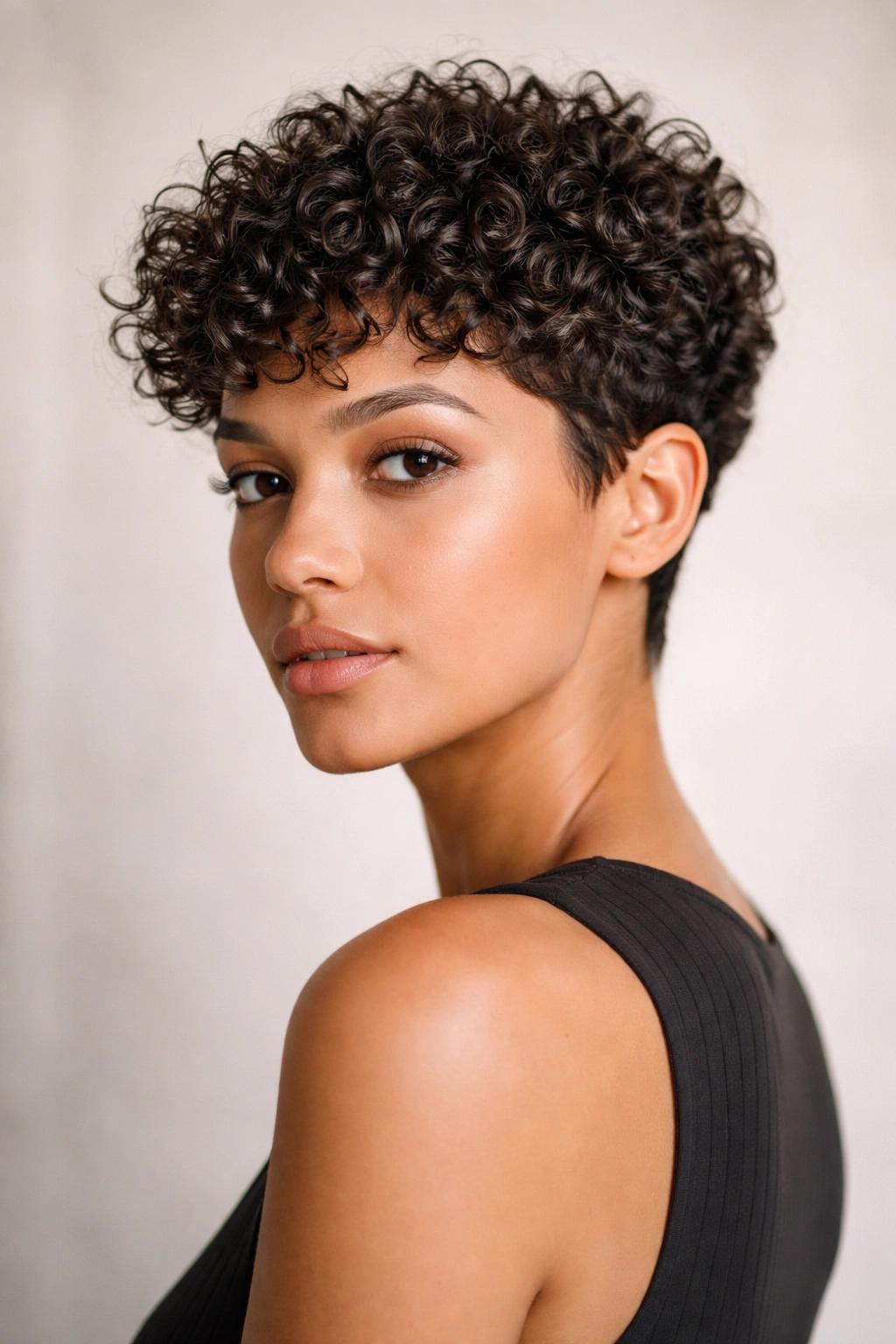 Close-up of cropped curly cut hairstyle with defined curls and natural texture