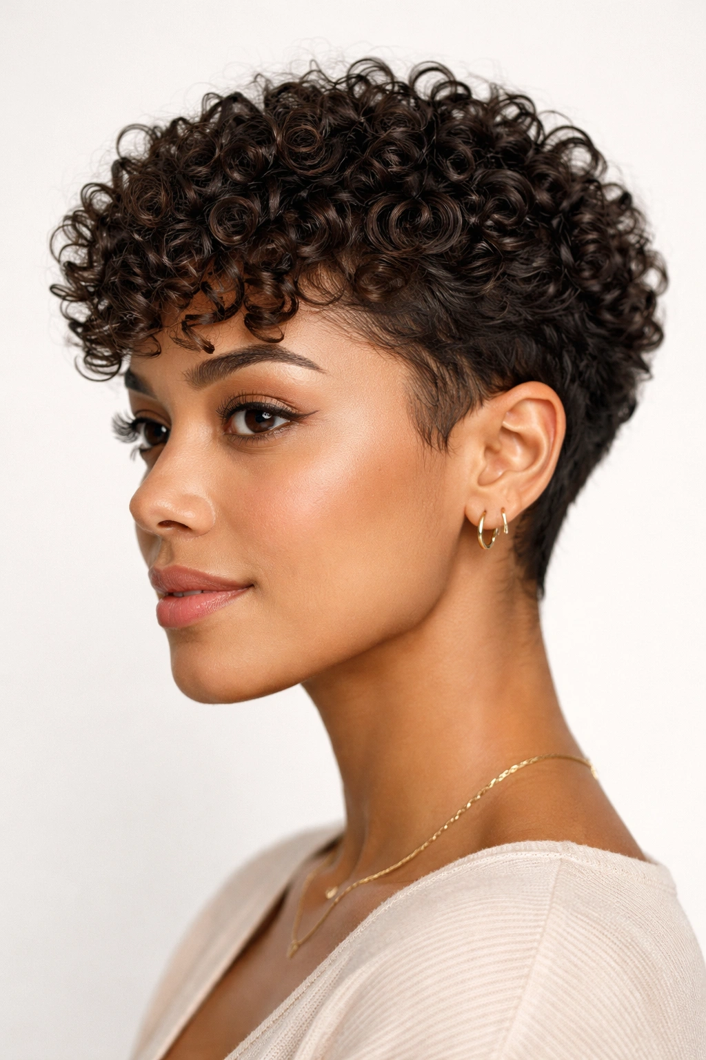 Portrait of Cropped Curly Cut showing defined curls on a short cut