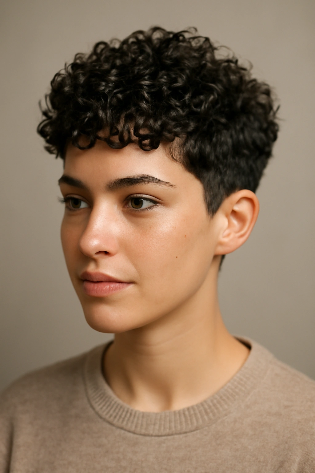 Portrait of a model with a cropped curly pixie hairstyle