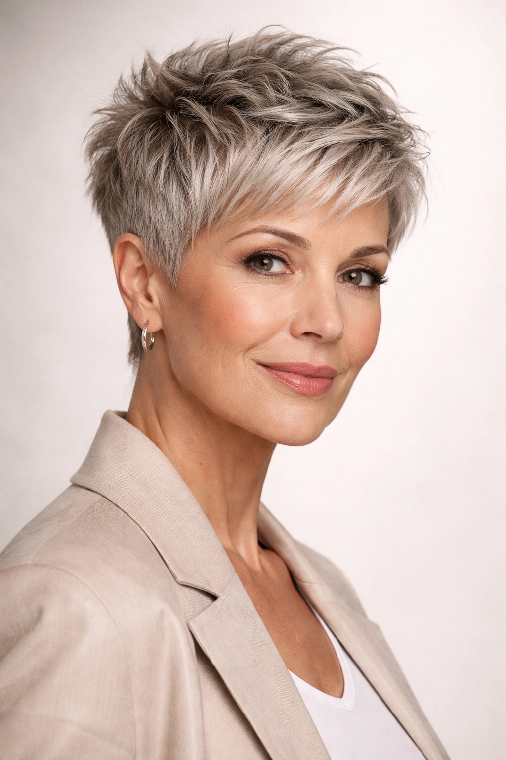 Portrait of a woman with a cropped back and sides and a textured crown.