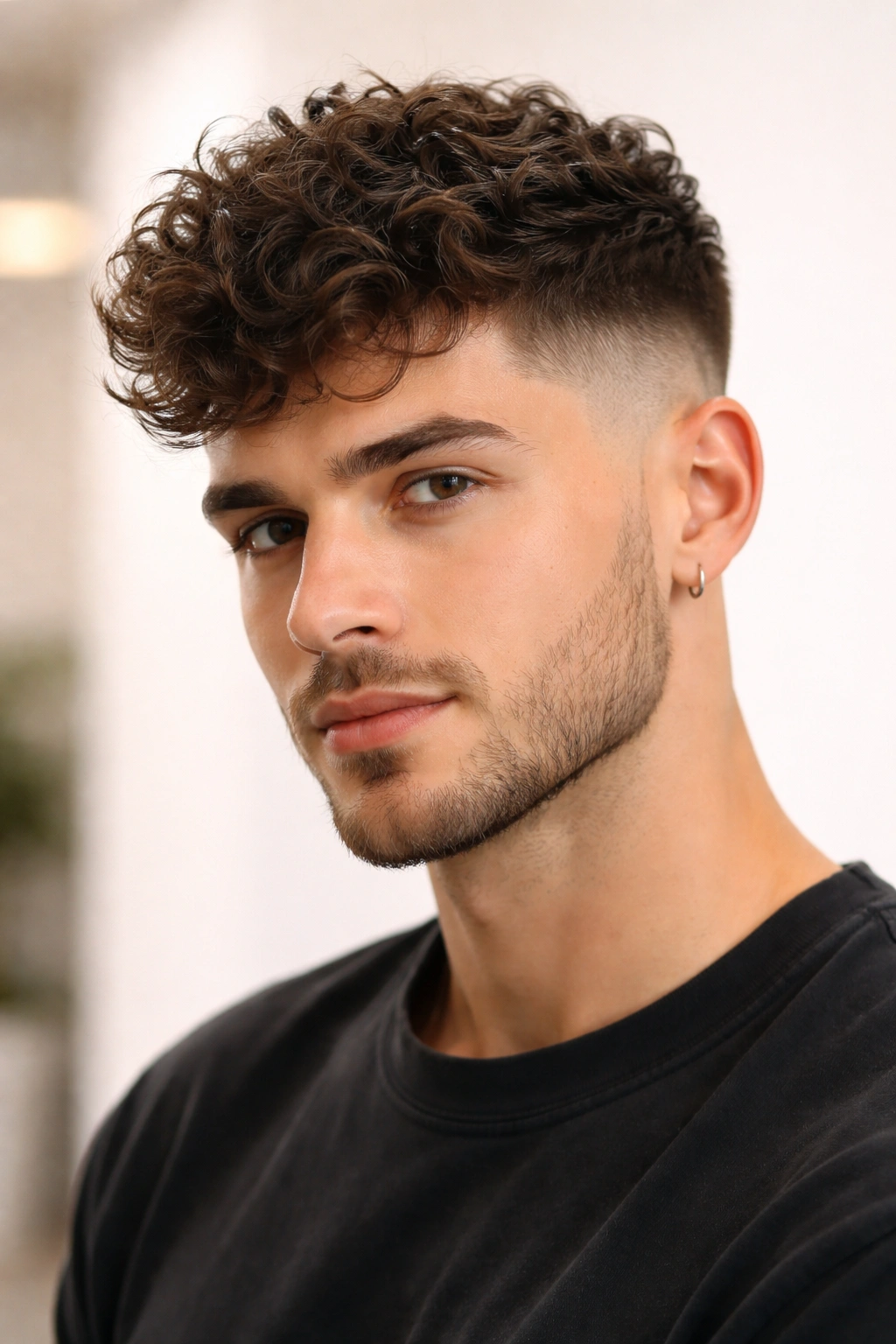 Close-up of cropped fade with extended top showing sharp sides and longer top under balanced light