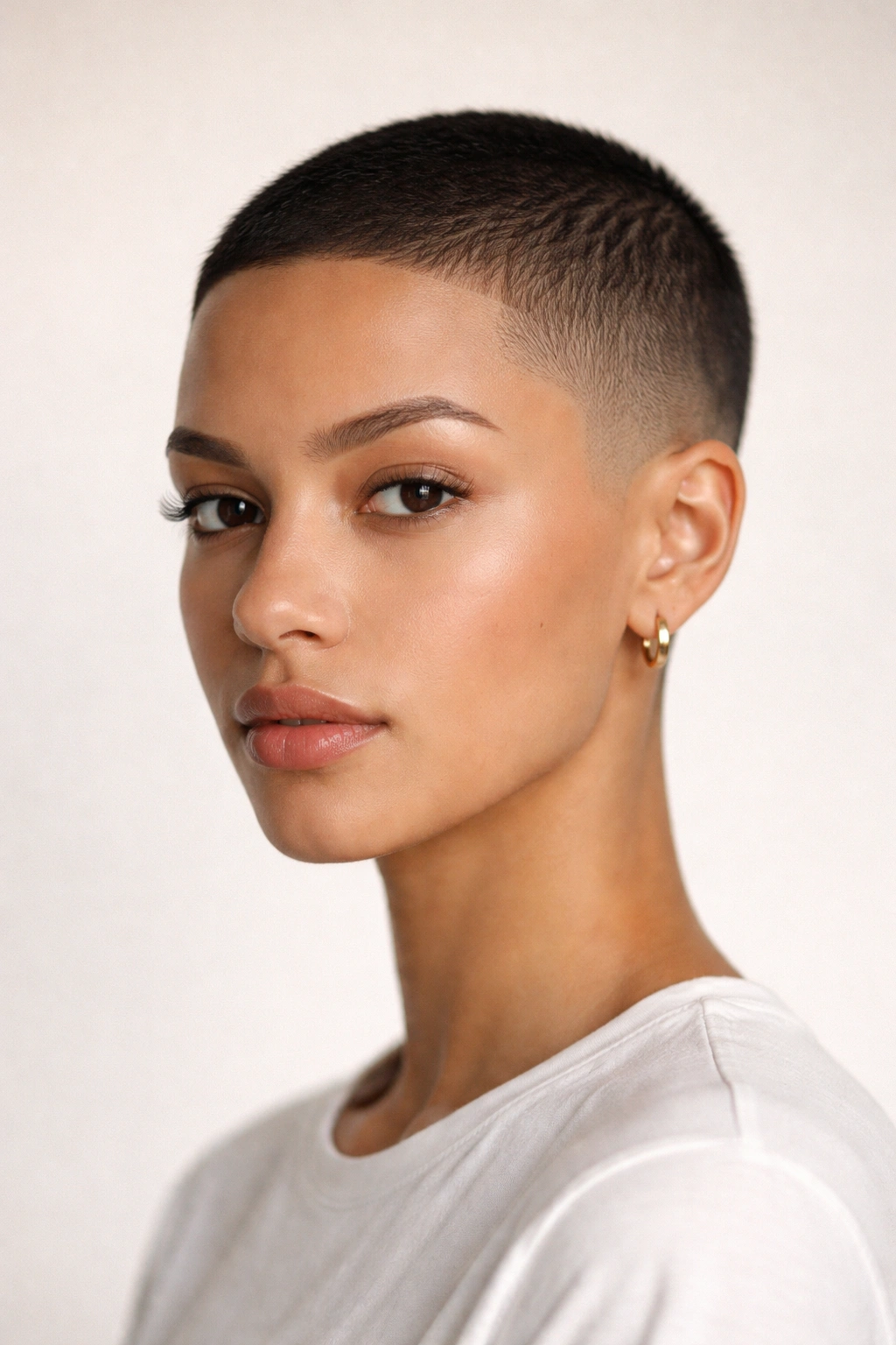 12 Cool Girl Short Haircuts With An Effortless Edge 8 Close-up of a model with a cropped fade showing crisp, short sides and neat fade