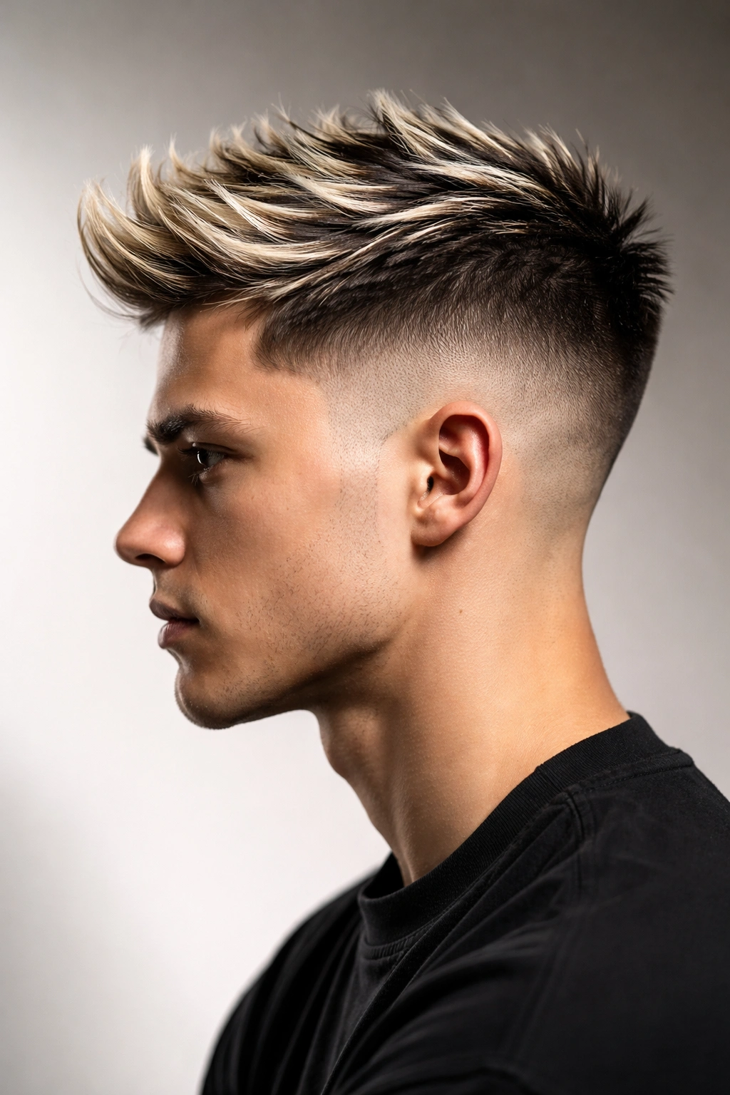 Cropped fade hairstyle with a longer highlighted top in a sculptural profile view.