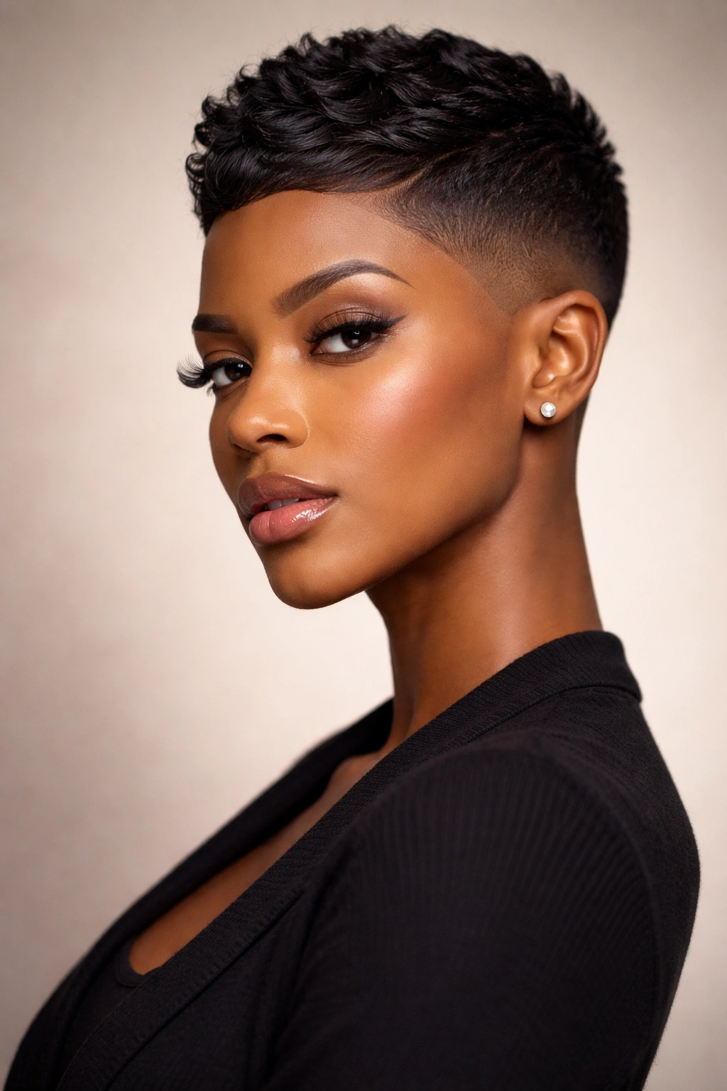 Close-up of Black woman with cropped fade sew-in and faded sides