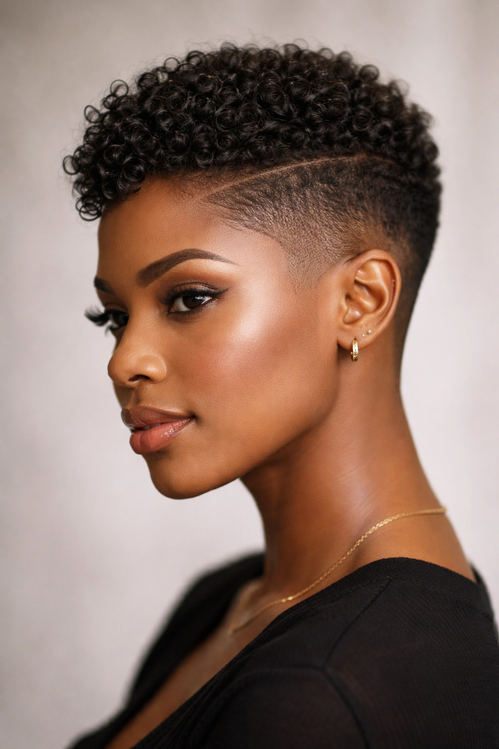 Close-up of a Black woman with a cropped fade and textured top, showing crown texture.
