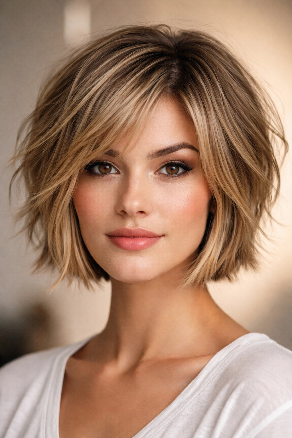 Frontal view of jaw-length cropped layered bob with pronounced texture