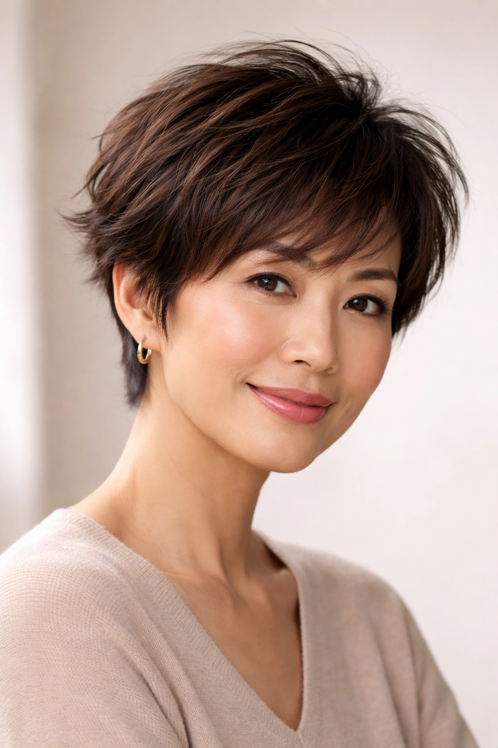 Close-up of cropped layered hairstyle with movement and texture.