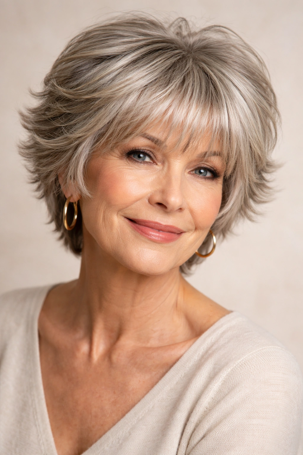 Cropped layered cut with soft bangs on thick hair