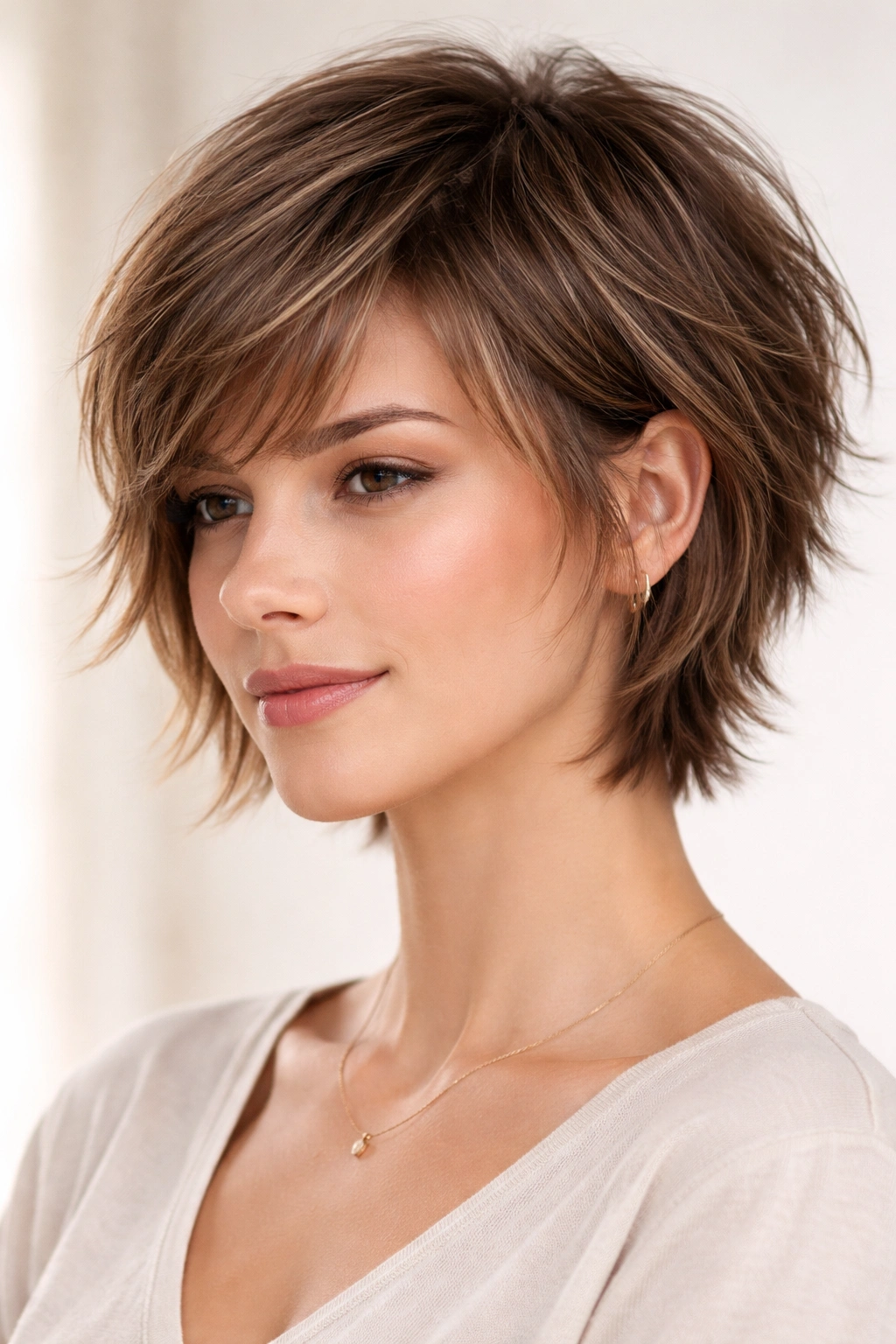 Cropped layered hairstyle with feathered edges showing movement