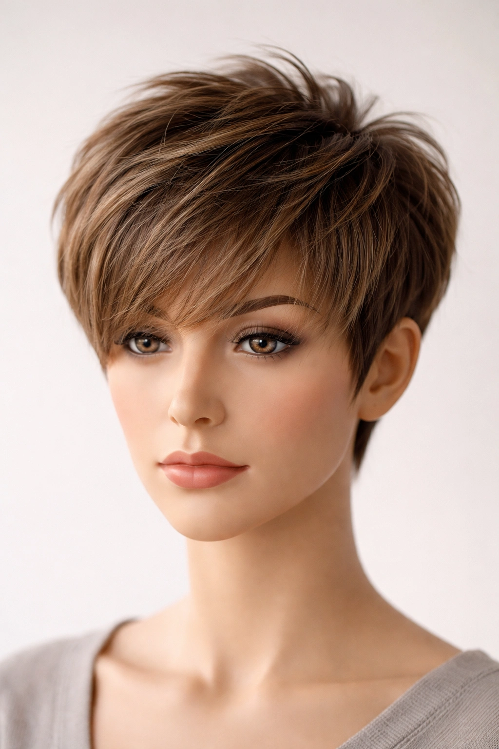 15 Short Haircuts That Balance Out A Longer Face 5 Mannequin head showing cropped layered hairstyle with height at crown and short layers framing the face.