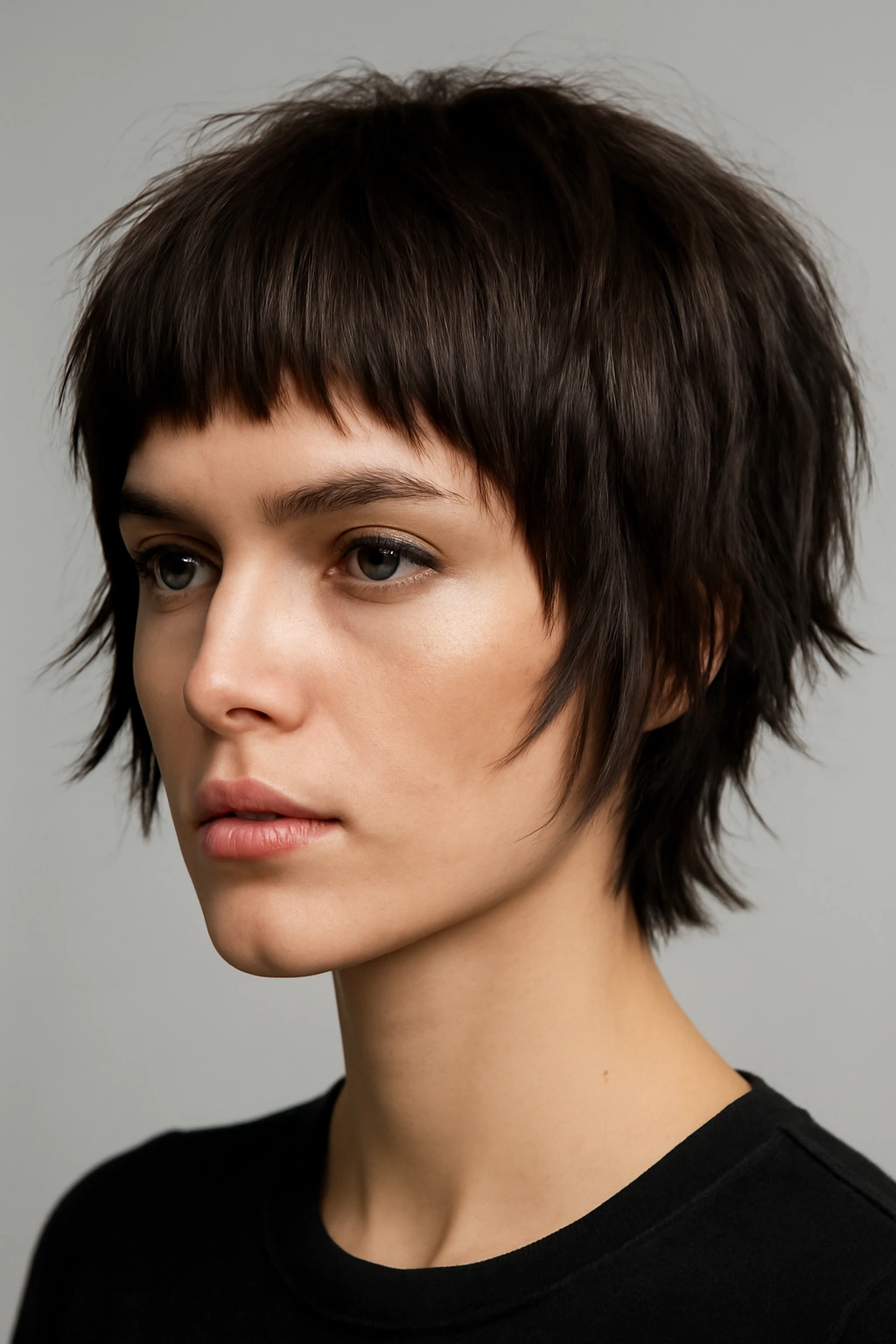 12 Short Layered Haircuts With Bangs That Actually Work 9 Cropped layered cut with micro bangs in a bold editorial style