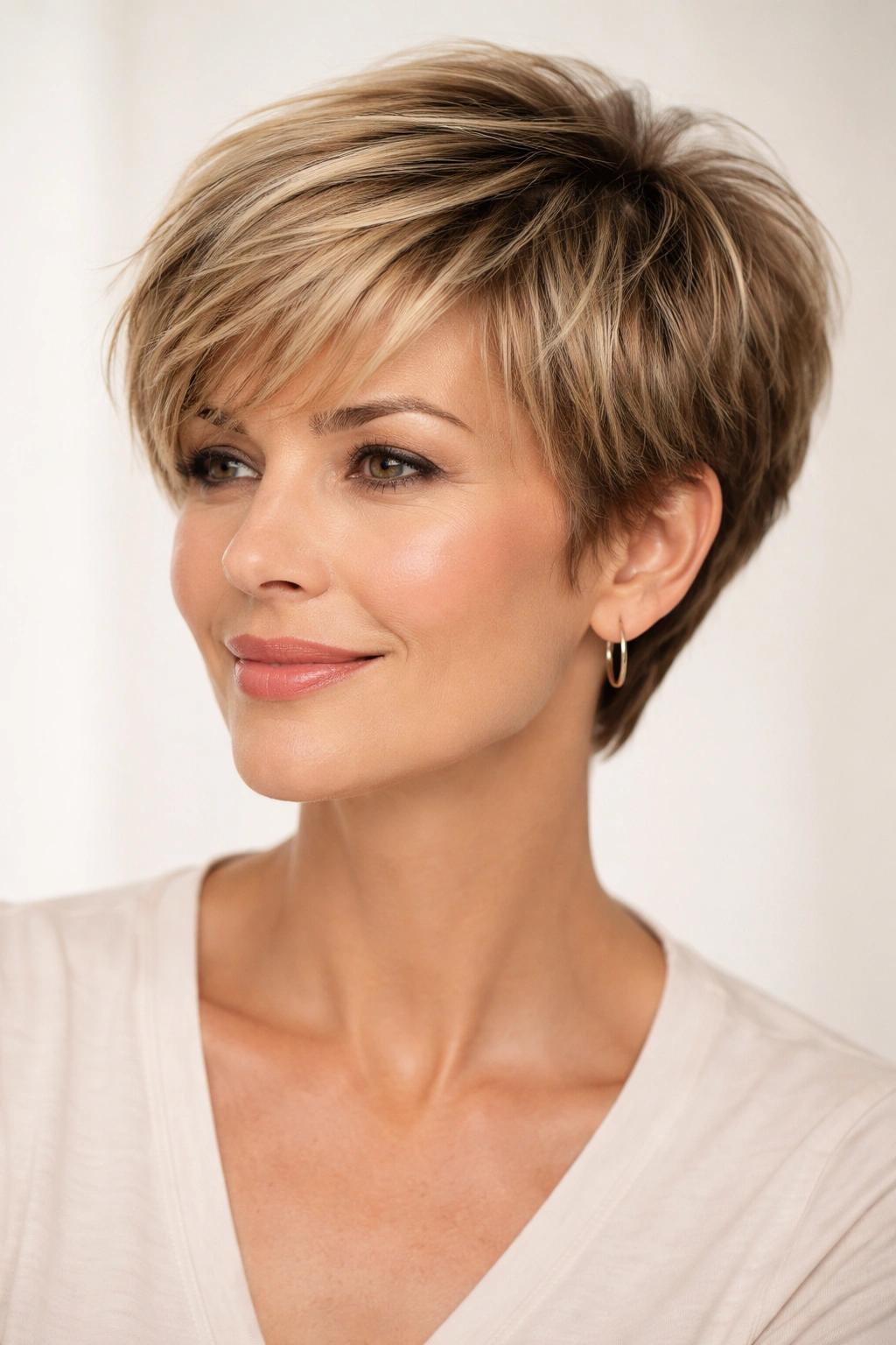 Close-up of a 40s-50s woman with cropped layered short hair