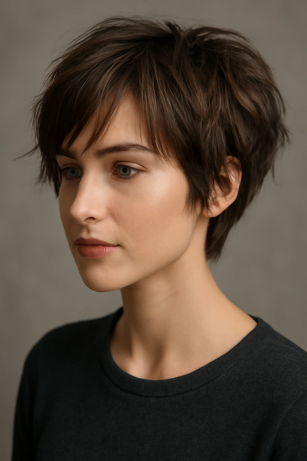 Portrait of a woman with a cropped layered short haircut showing texture