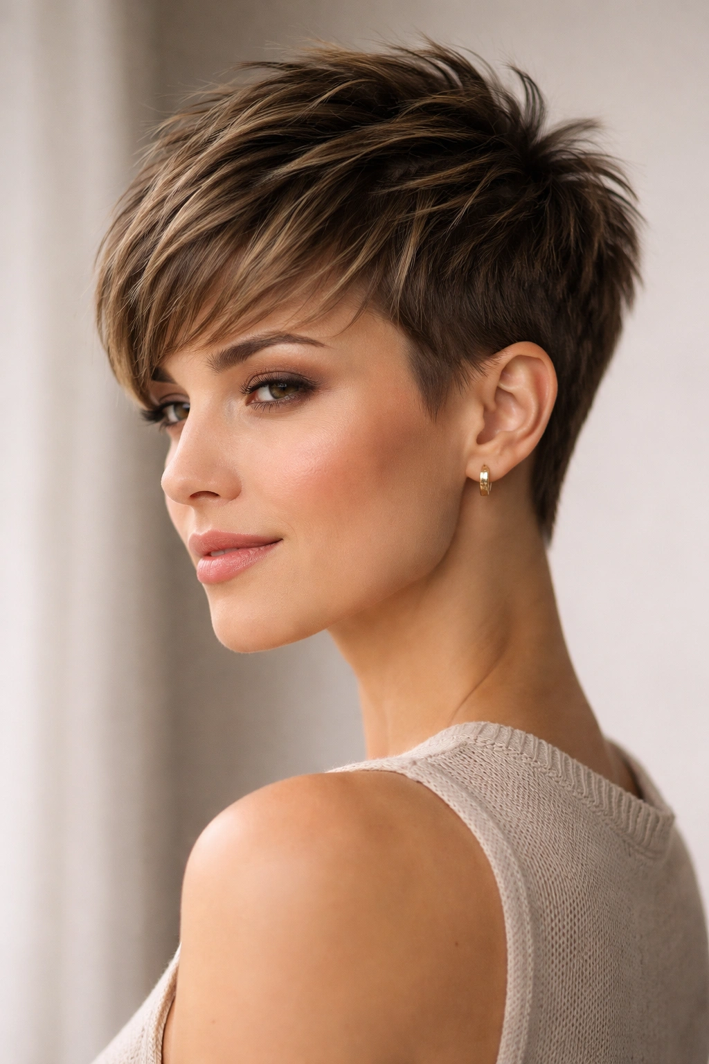 Cropped sides with longer top layered style in studio lighting