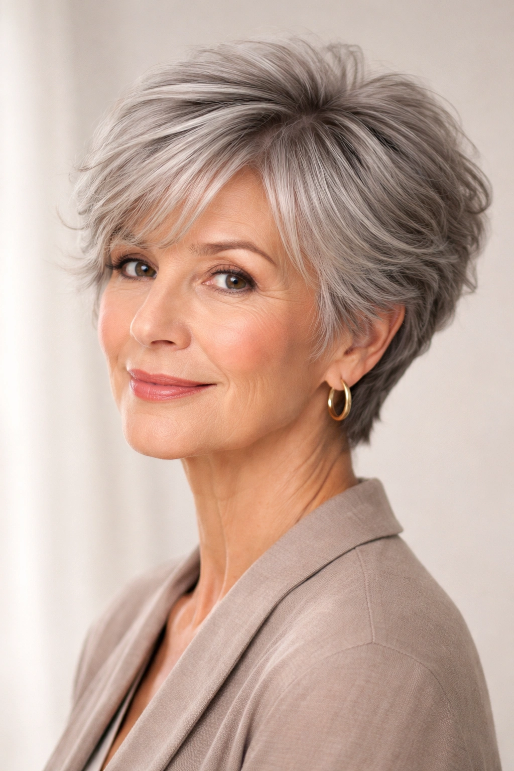Close-up portrait of cropped layered hairstyle with volume on gray hair