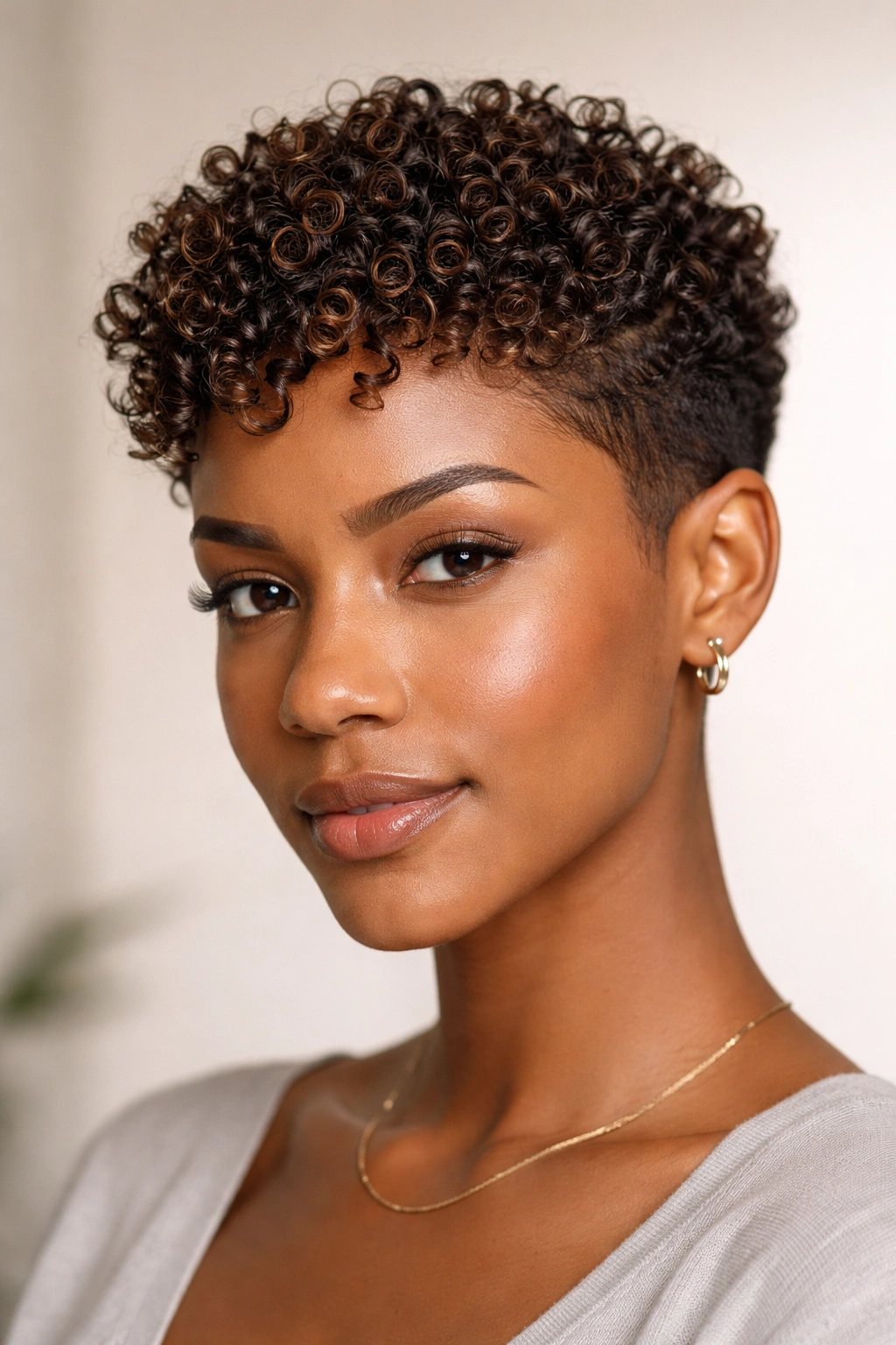 Close-up of a cropped pixie with tight defined curls and faded sides