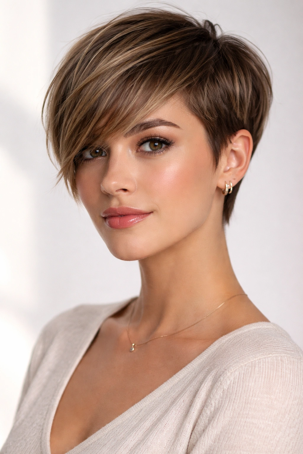Cropped pixie with long textured bangs swept to the side
