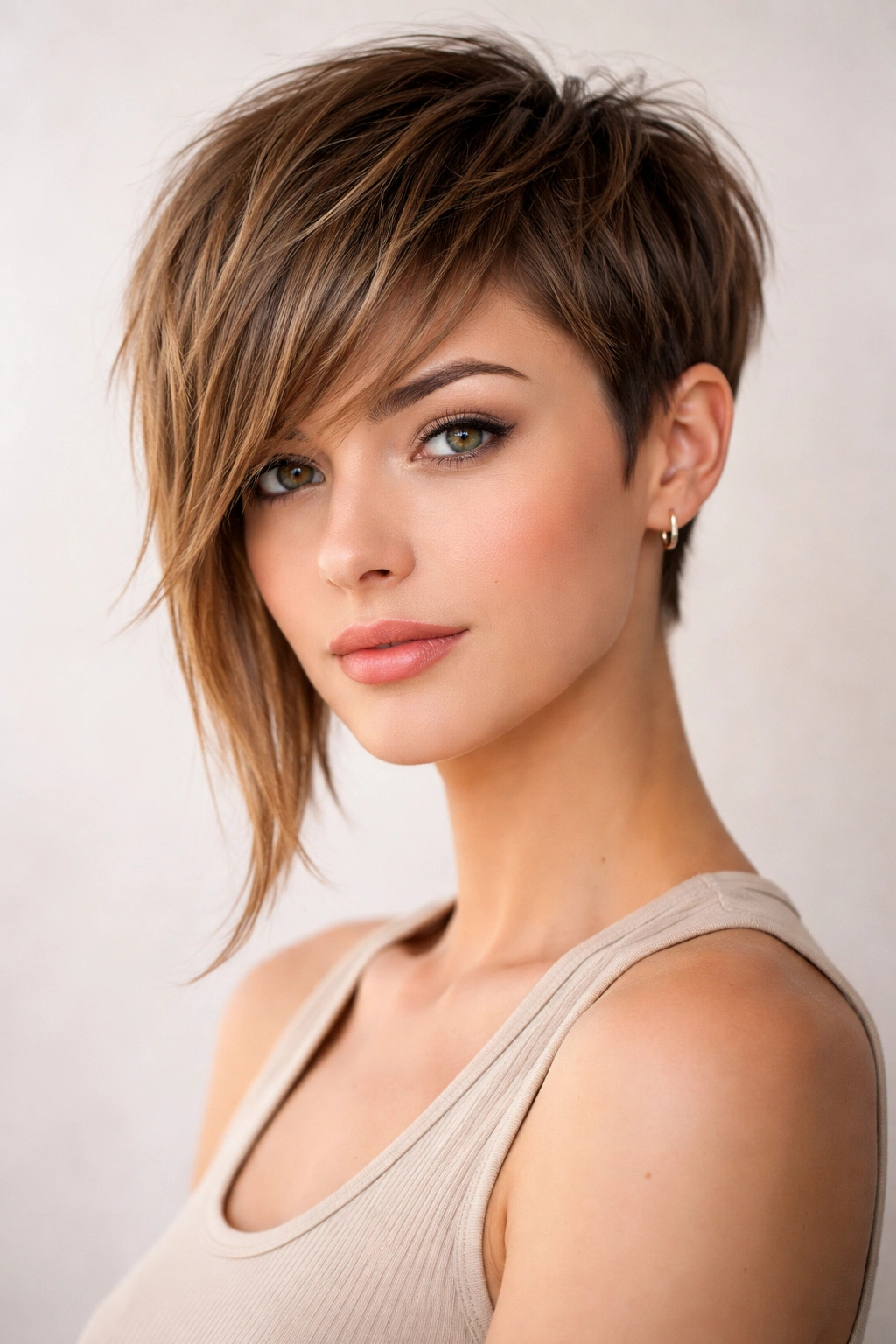 Cropped pixie hairstyle with longer front pieces