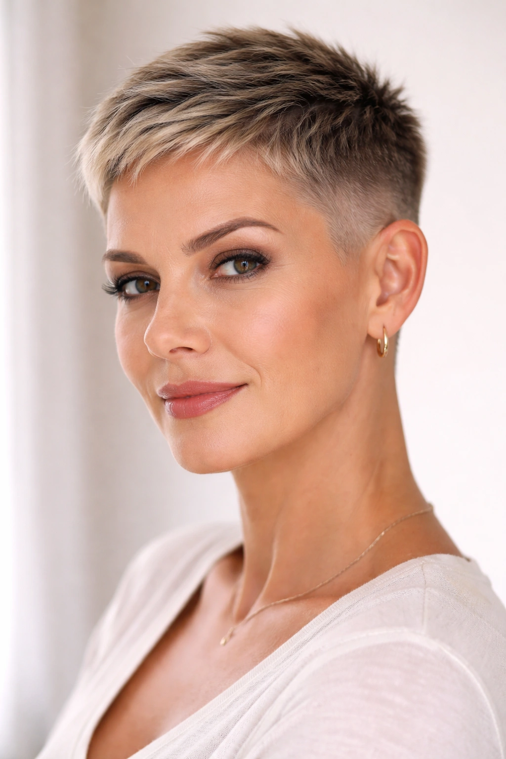 15 Pixie Hairstyles That Shine On Women Over 40 11 Close-up of cropped pixie with skin fade on sides and very short top