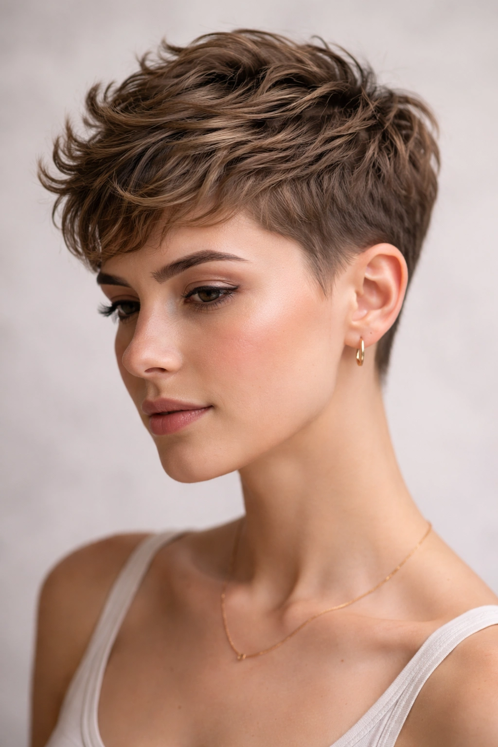 Cropped pixie with textured top hairstyle on model