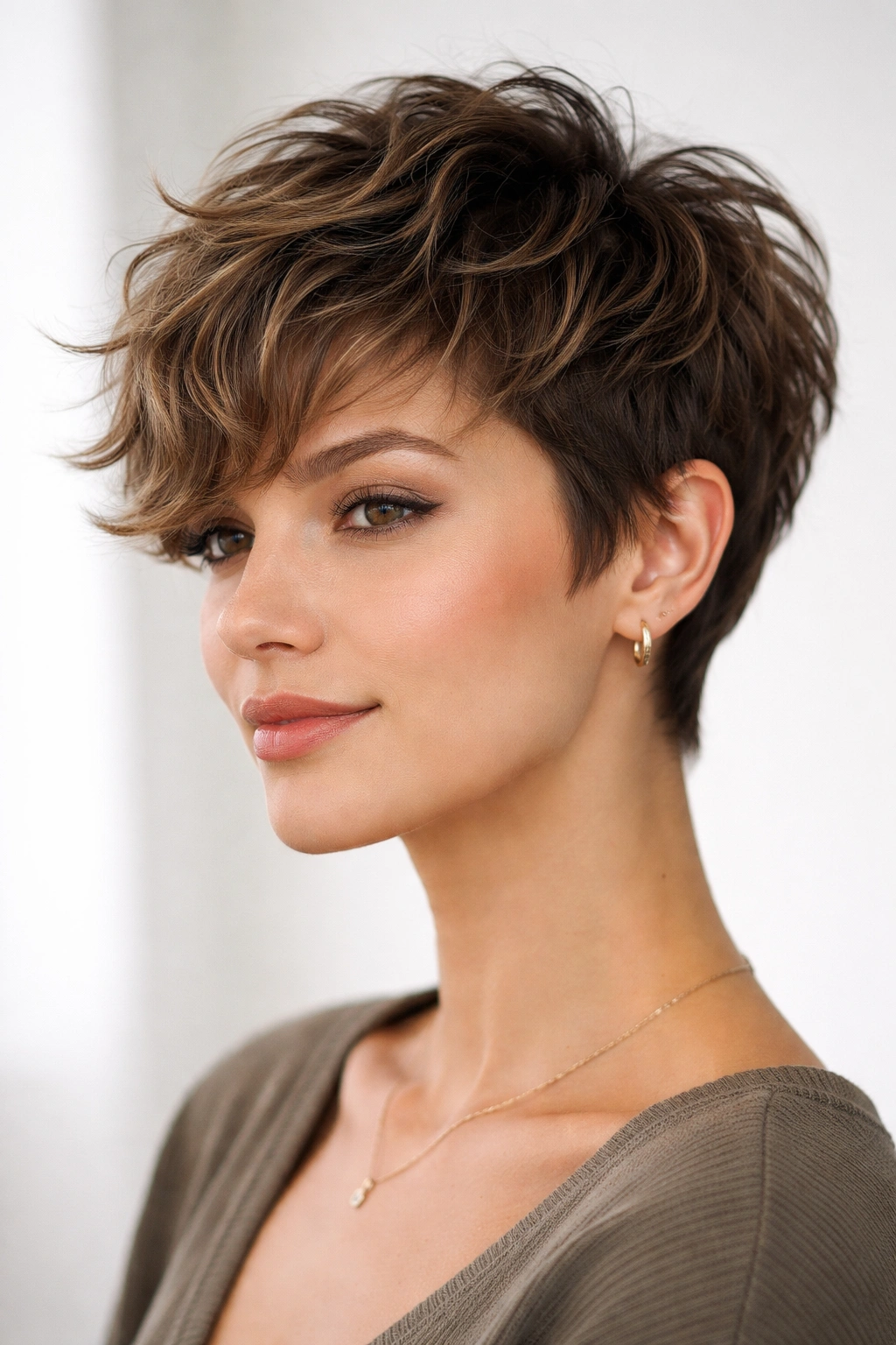 Front/side view of cropped pixie wave with textured layers