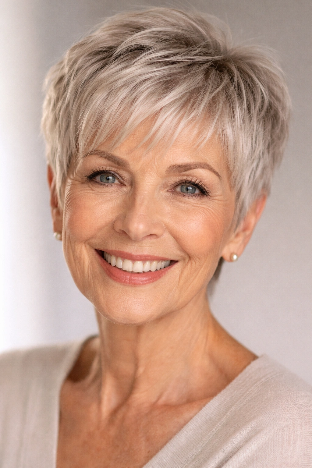 Close-up of a woman with a cropped pixie and wispy bangs.