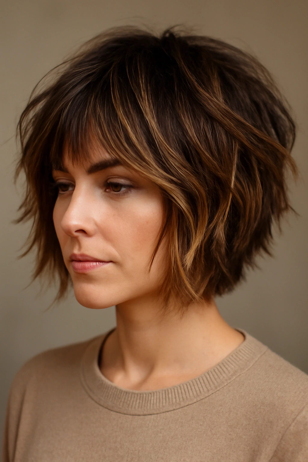 15 Short Haircuts That Look Stunning With Caramel Highlights 13 Close-up of cropped shag with layered caramel highlights and dark roots.