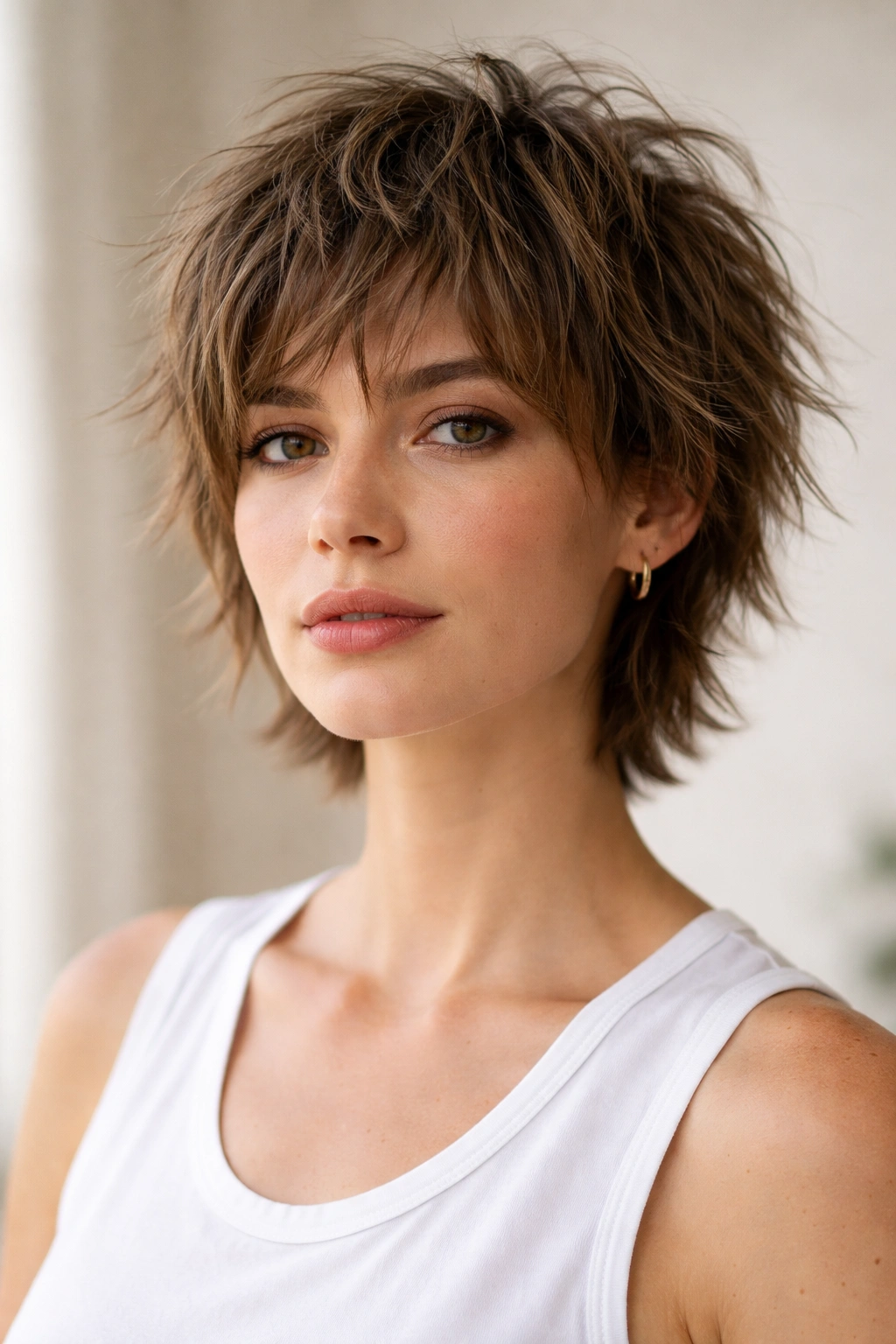 Portrait of cropped shag hairstyle with layered texture and natural movement