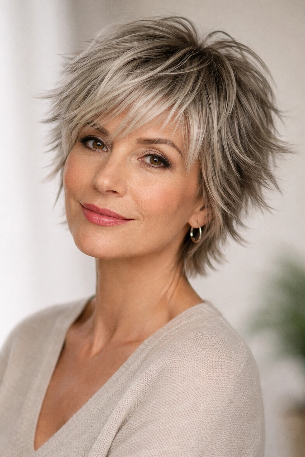 Mature woman with cropped shag and choppy layers showing movement and dimension.