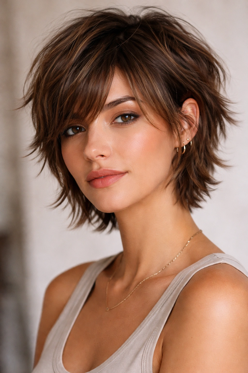 12 Short Shag Cuts With Side Swept Bangs 9 Short cropped shag with textured side fringe grazing the cheekbone
